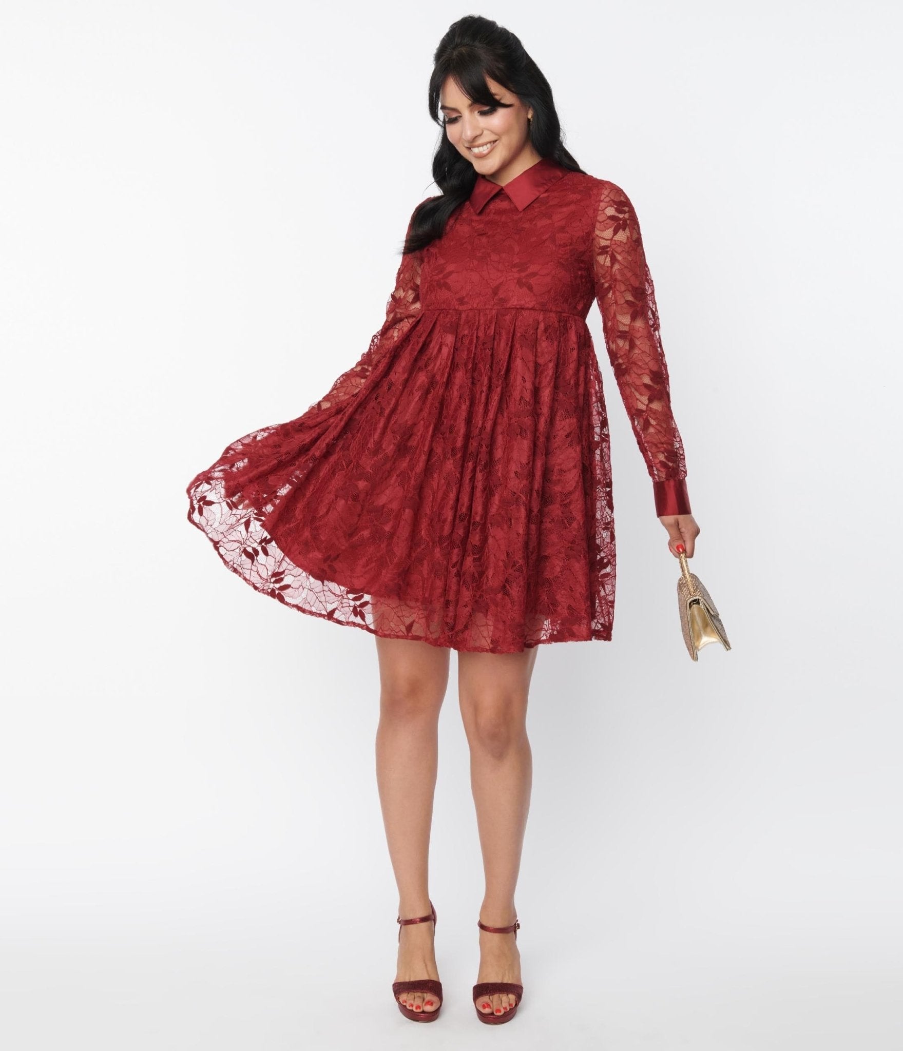 Vintage Burgundy Lace Peggy Babydoll Dress - Retro Floral Tea Party Dress for Women, Perfect for Cocktail Parties, Weddings & Special Occasions