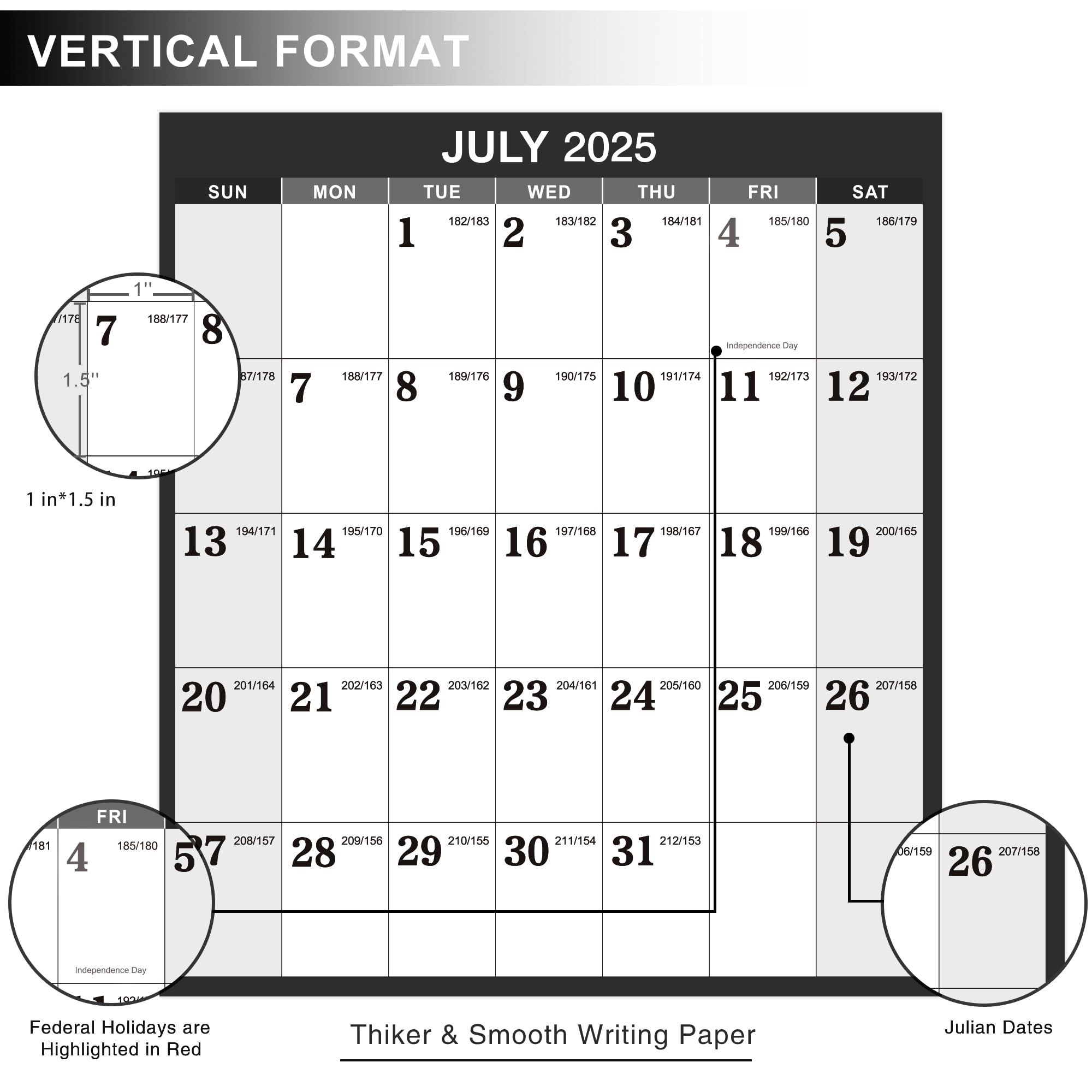 2025-2026 Yearly Wall Calendar with Julian Dates | July 2025-June 2026 | Thick Paper Vertical Hanging Calendar | 22.8