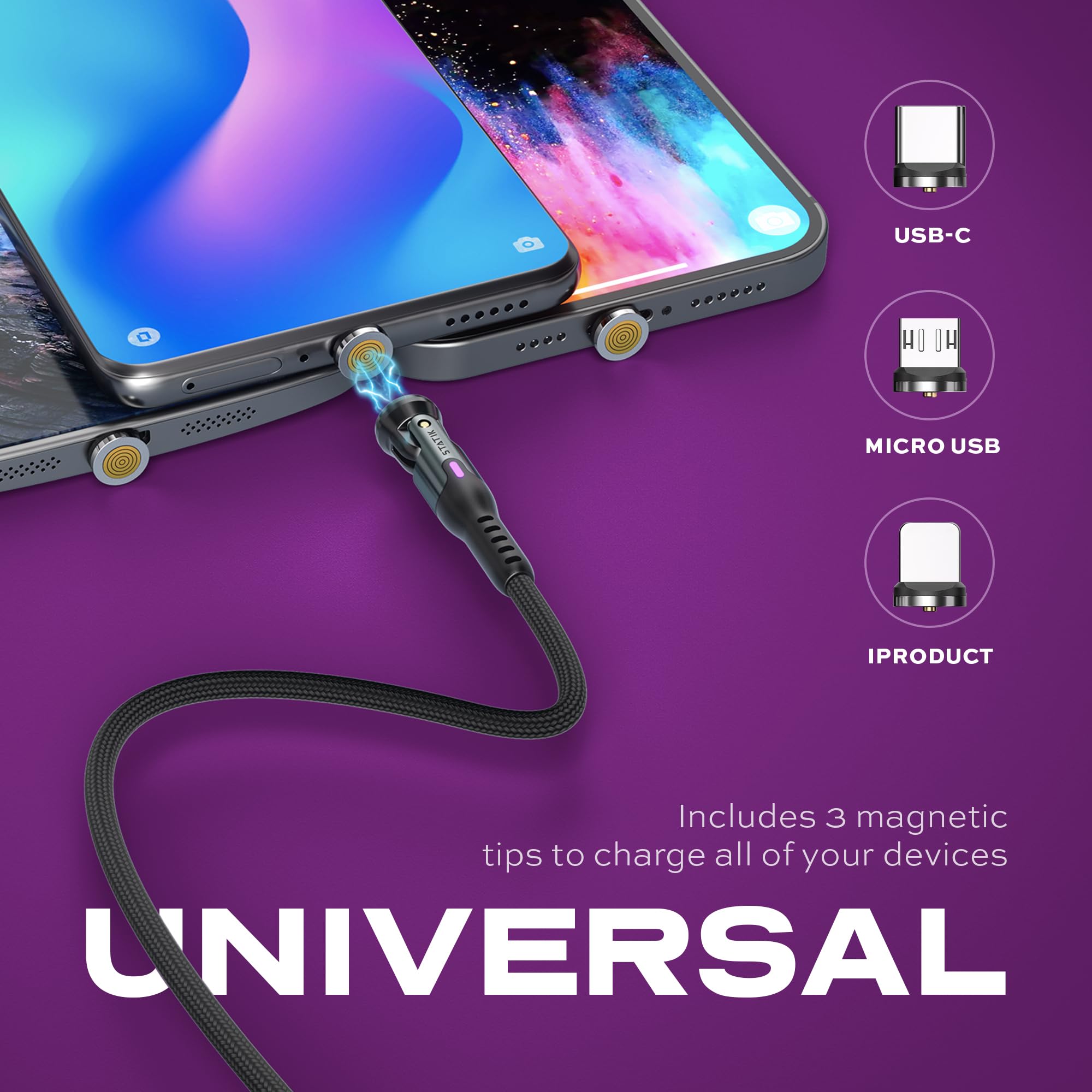 STATIK 360 Pro Magnetic Phone Charger Cable - 3-in-1 Fast Charging Cable with Type C, Micro USB & Lightning Connectors (1M/3FT, Black) - Perfect for Home, Office & Travel Charging Needs