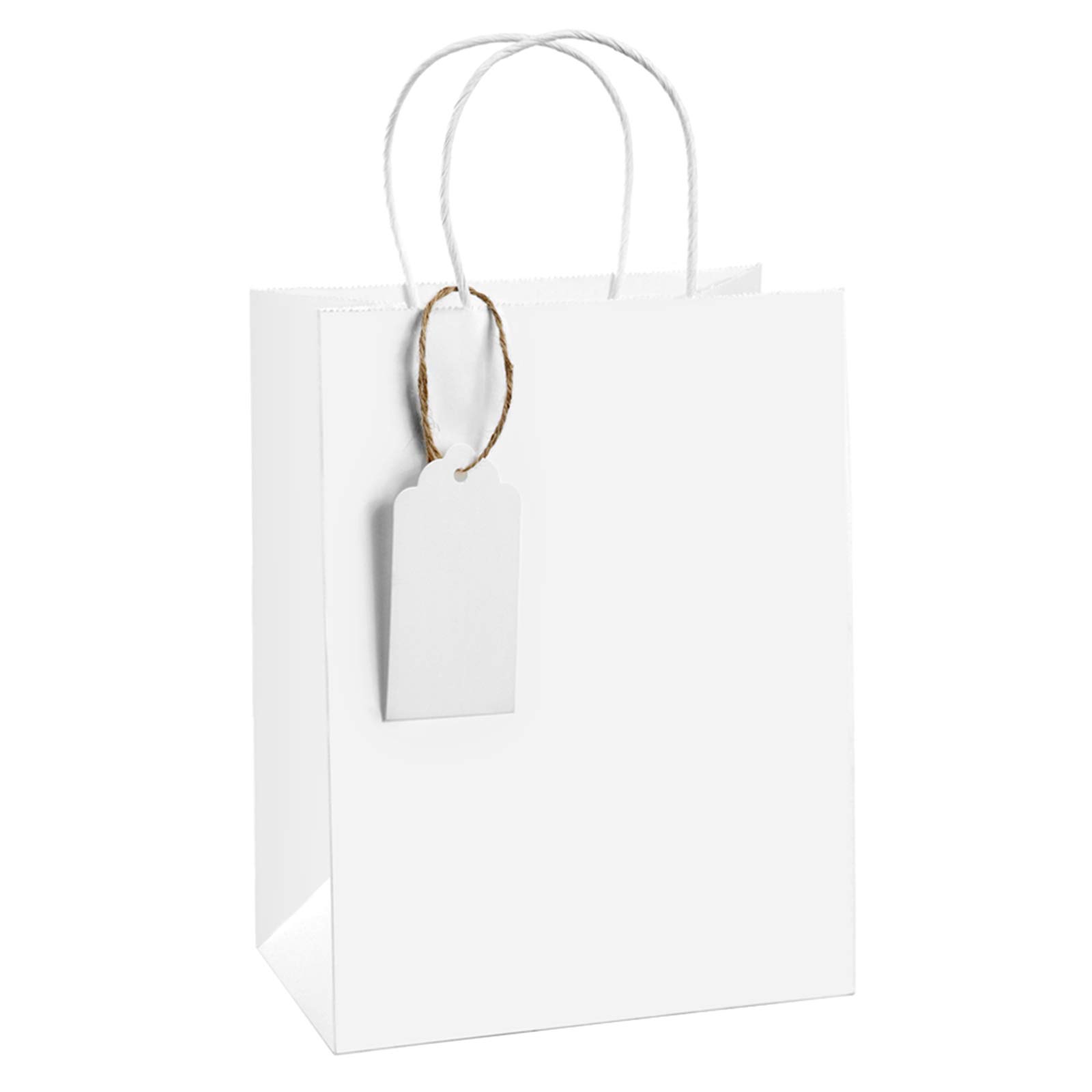 50 Pcs Kraft Paper Gift Bags with Handles - 8x4.25x10.5 Inches White Retail Bags, Heavy Duty Gift Packaging with Tags - Perfect for Weddings, Parties & Holiday Gifting
