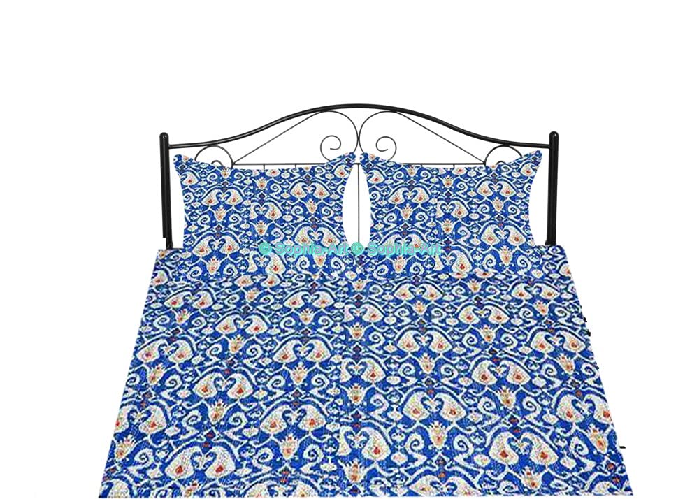 Handmade Traditional Indian Ikat Print Kantha Quilt - Vintage Bohemian Reversible Bedspread, Sofa Cover & Home Decor (Blue, California King 108