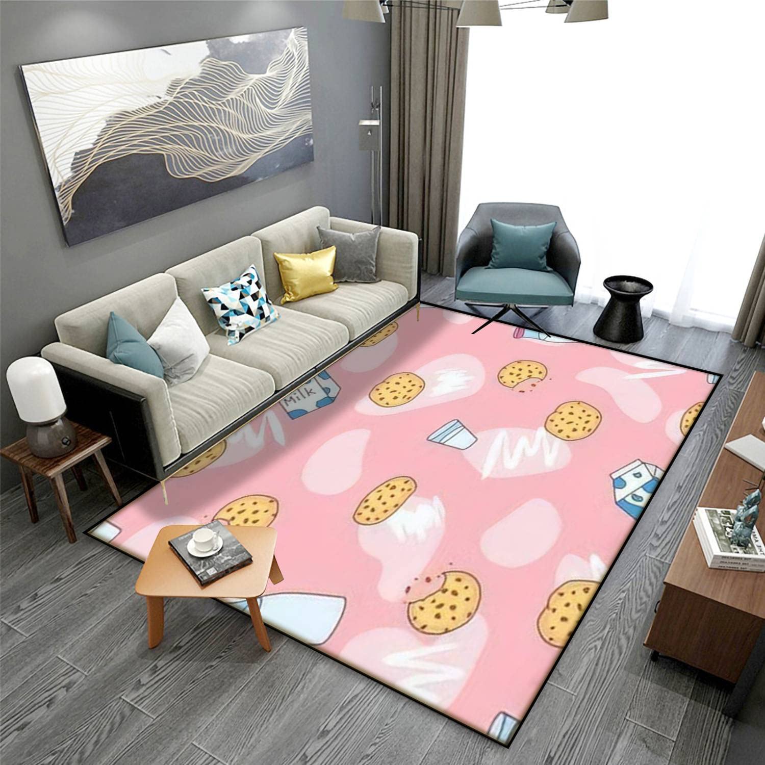 MJKIODPEV Cartoon Milk Bottle & Chocolate Biscuit Area Rug - Soft Non-Slip Indoor/Outdoor Floor Mat 63x94 Inches for Living Room, Bedroom, Dorm Decor - Perfect for Kids' Rooms, Play Areas & Cozy Home Spaces