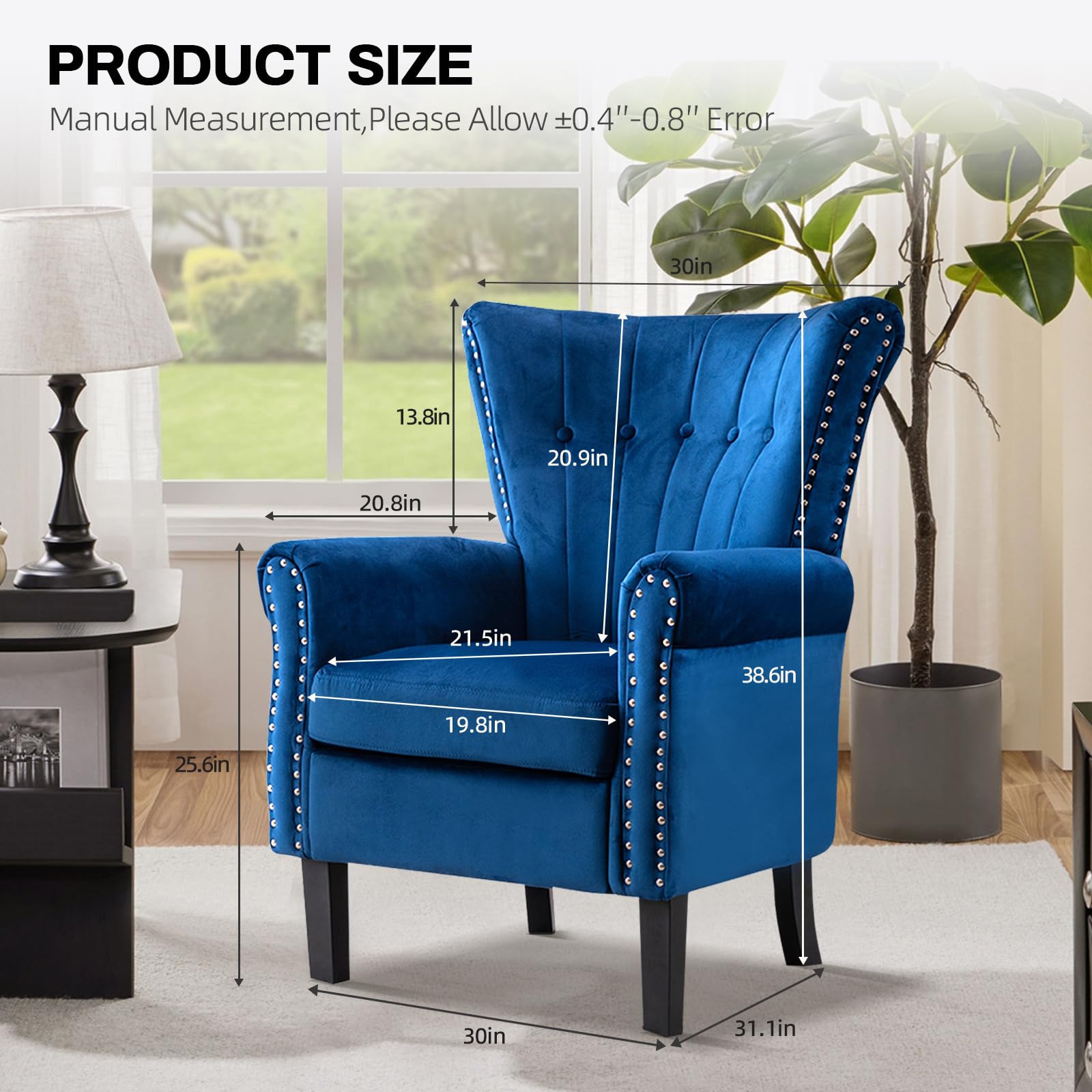 Velvet Tufted Wingback Armchair with Wood Legs for Living Room & Bedroom - Blue