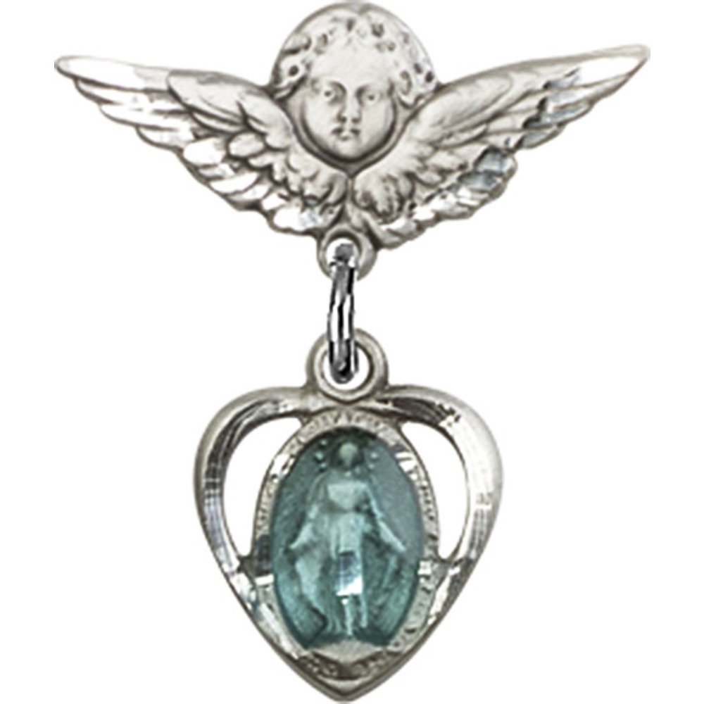925 Sterling Silver Baby Badge with Blue Heart Charm & Angel Wing Pin - 7/8