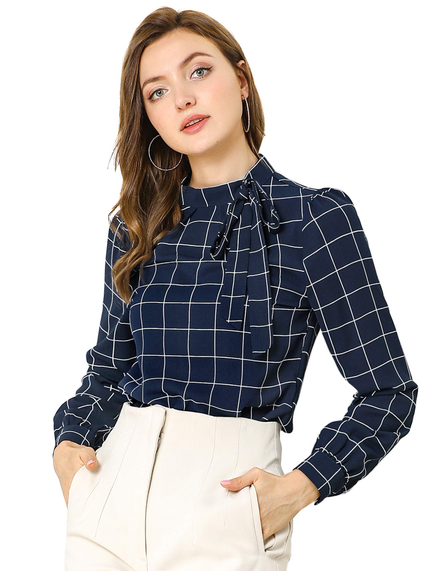 Allegra K Women's Bow Tie Neck Checkered Blouse - Stylish Office Work Tops for Professional Women | Perfect for Business Meetings, Office Wear & Formal Occasions