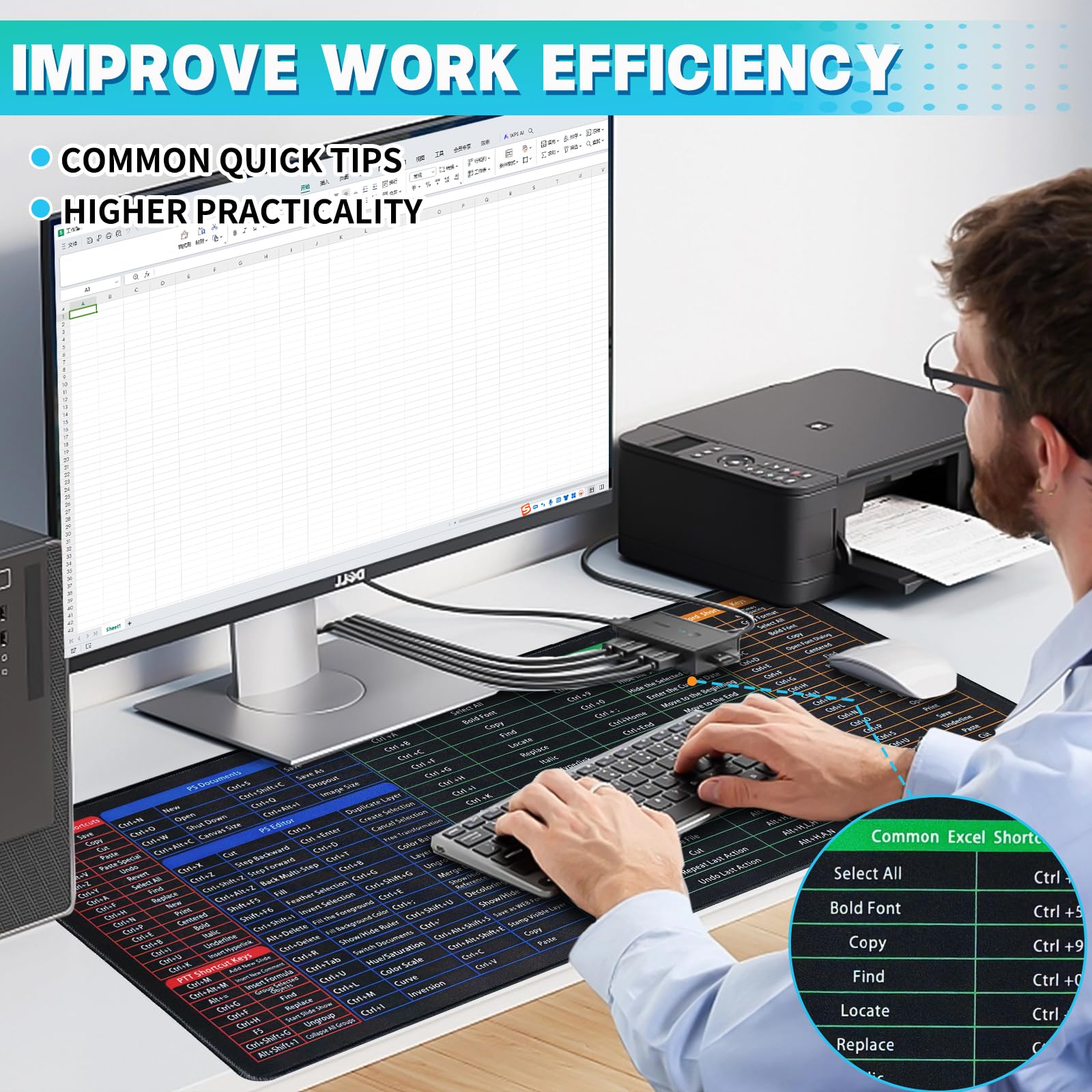 Excel Shortcuts Cheat Sheet Mouse Pad - Large Non-Slip Office Desk Mat with PS/Word/PPT Keyboard Shortcuts, Perfect Spreadsheet Accessory for PC Users - Ideal Employee Appreciation Gift (27.5x11.8x0.08 Inches) | Boost Productivity for Accountants, Data Analysts & Office Professionals