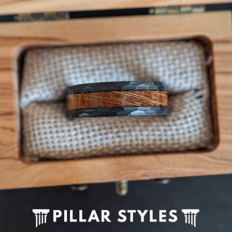 8mm Black Hammered Tungsten Wedding Band for Men with Bourbon Wood Inlay - Durable Mens Ring, Whiskey Barrel Inspired Jewelry - Perfect for Anniversary Gifts, Weddings & Bourbon Lovers (Wooden Inlay Ring)
