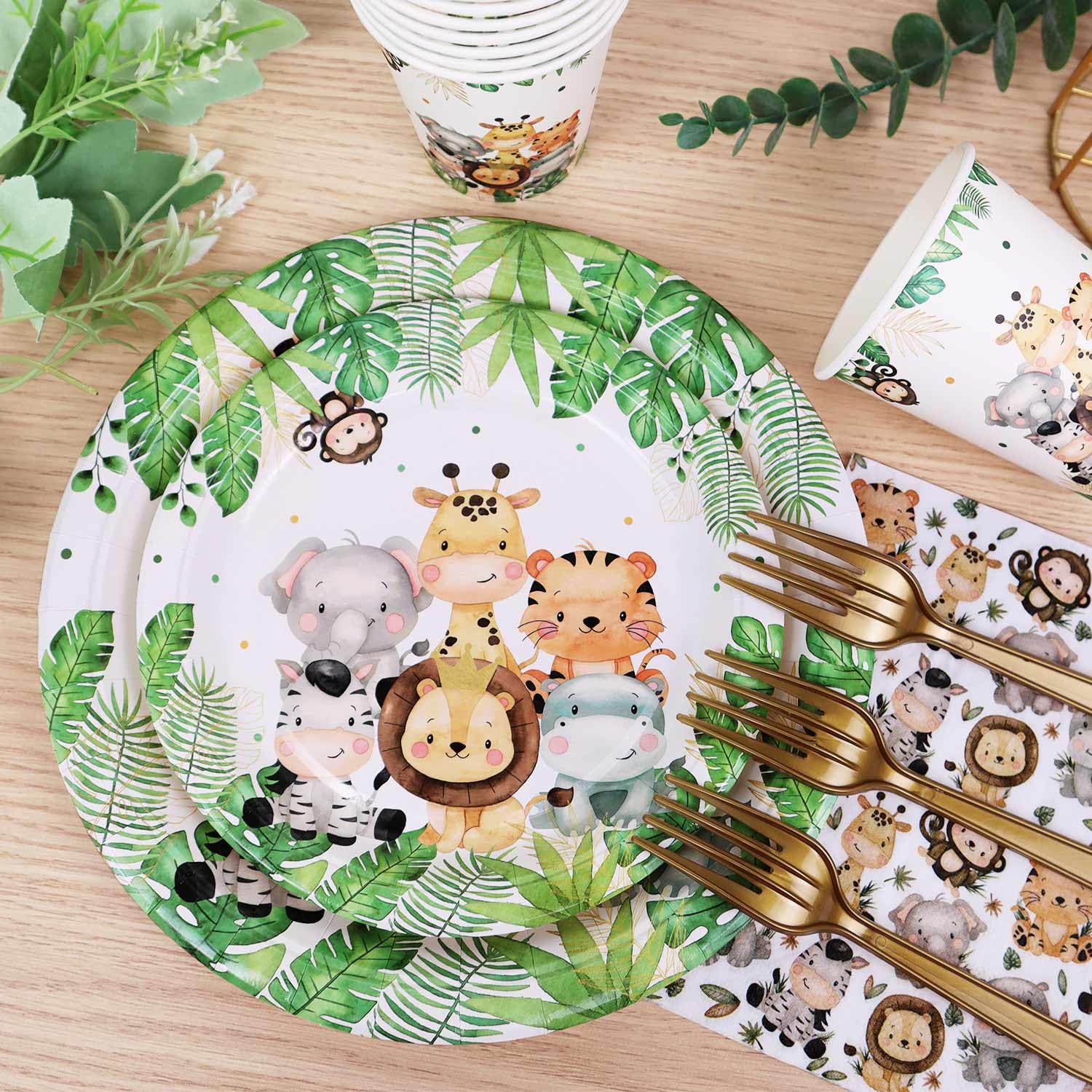 Heboland 125-Piece Safari Jungle Theme Party Supplies Set - Paper Plates, Cups & Napkins for 25 Guests | Baby Shower, Kids Birthday & Jungle Themed Events | Durable Disposable Tableware for Outdoor Parties & Family Gatherings