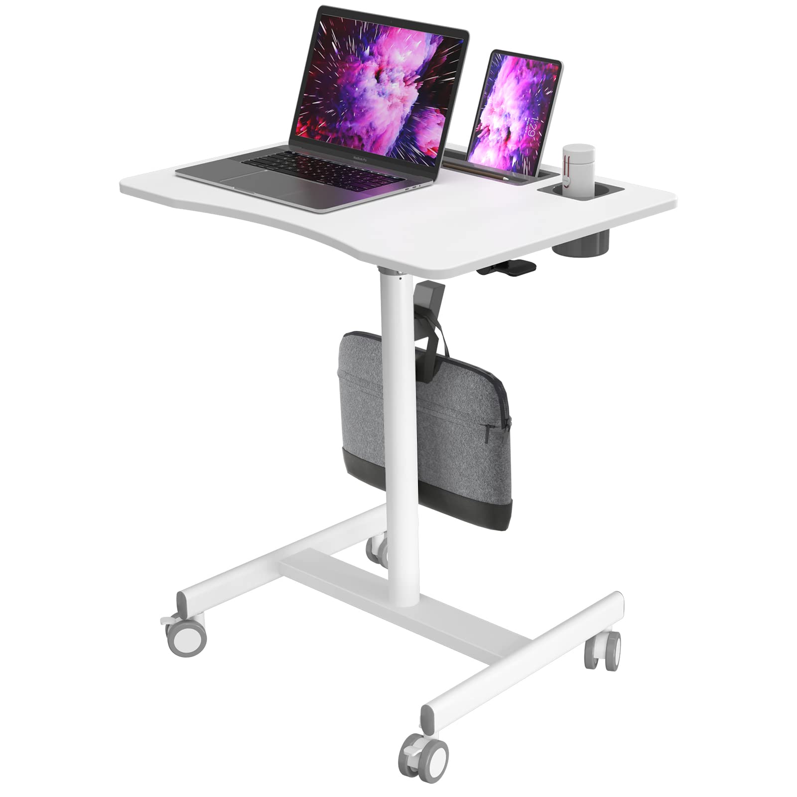 28 Inch Mobile Standing Desk with Wheels & Cup Holder - Adjustable Rolling Laptop Workstation for Home Office, Portable Computer Cart with Storage Hook (White) - Perfect for Remote Work, Study & Small Space Living