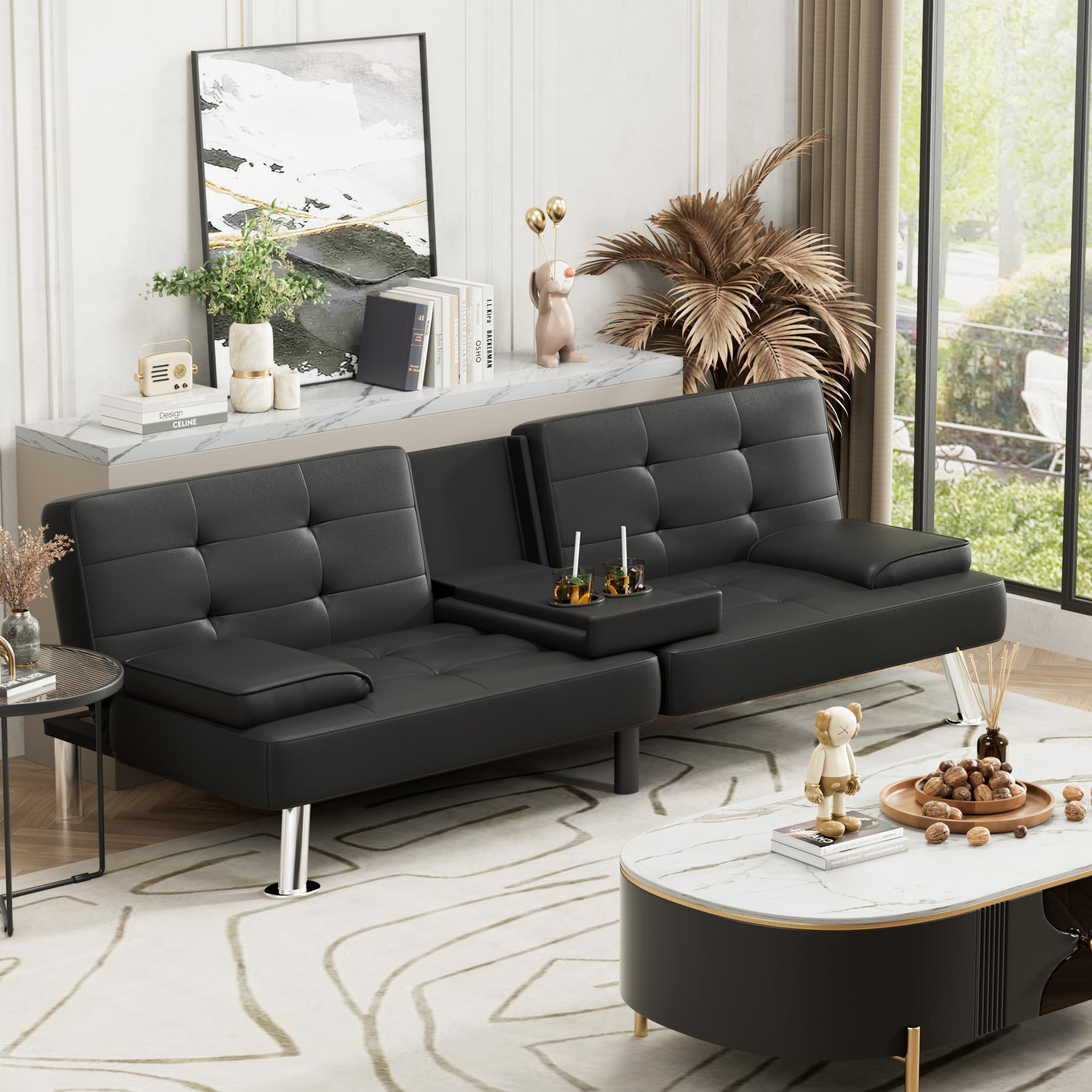JUMMICO Adjustable PU Leather Futon Sofa Bed with Removable Armrests & 2 Cup Holders - Convertible Sleeper Couch for Small Spaces, Living Room, Dorm, Apartment (Black) - Perfect for Guest Beds, Movie Nights & Compact Living