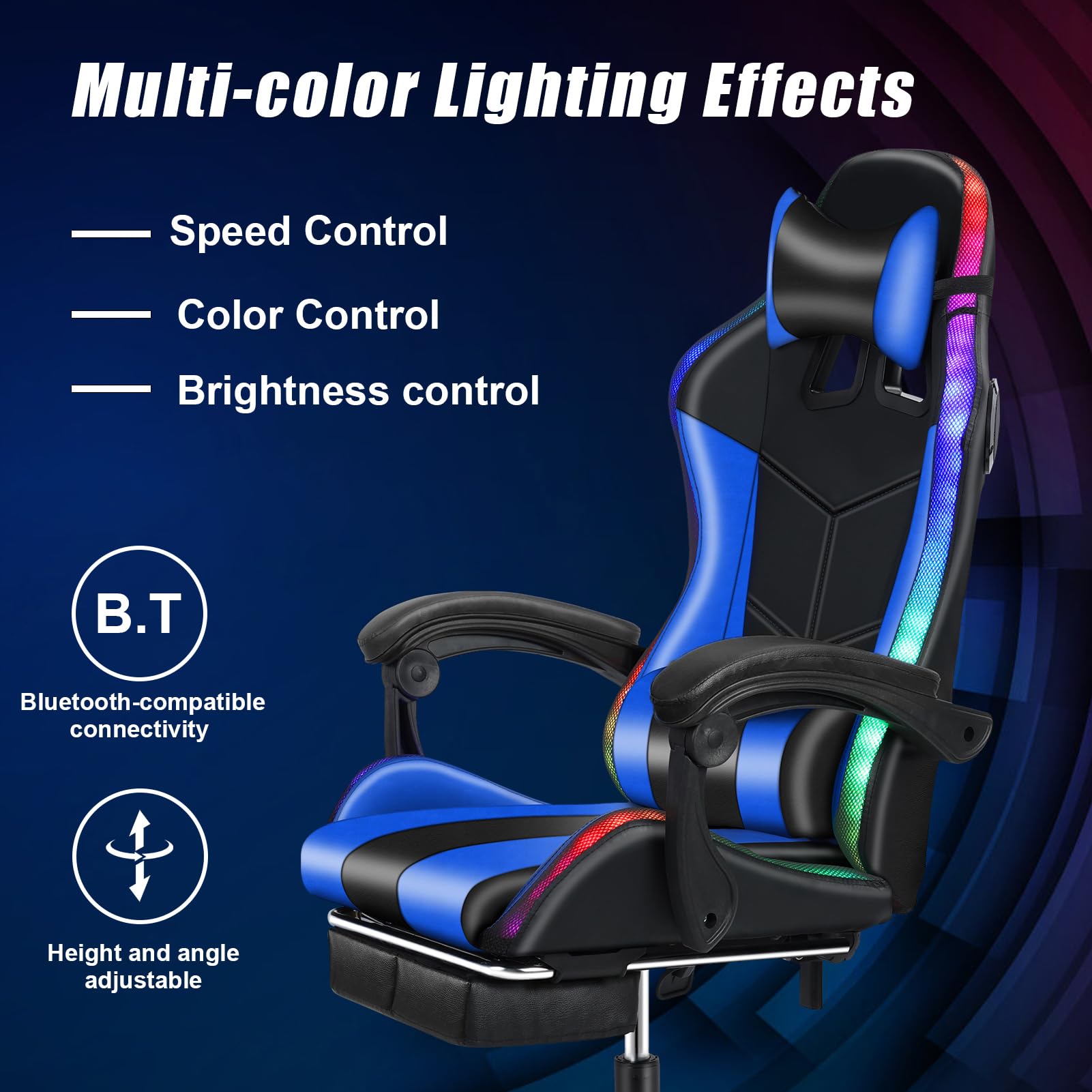 Premium Gaming Chair with Bluetooth Speakers, RGB LED Lights & Adjustable Footrest - Ergonomic Massage Computer Gaming Chair for Adults & Teens - Supports 400 lbs - Black & Blue - Perfect for PC Gaming, Streaming & Office Work
