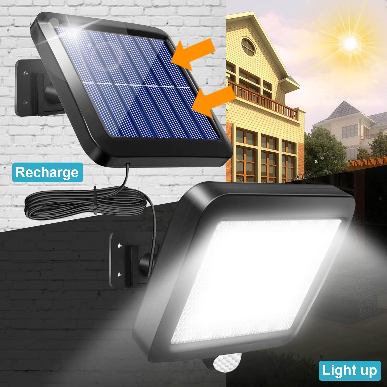 Shuniu 56 LED Solar Wall Lights Outdoor with Motion Sensor - Ultra Bright IP65 Waterproof Separable Solar Security Light (16.4ft Cord) for Patio, Yard, Deck, Garage, Driveway, Porch, Fence - Perfect for Nighttime Safety & Landscape Lighting