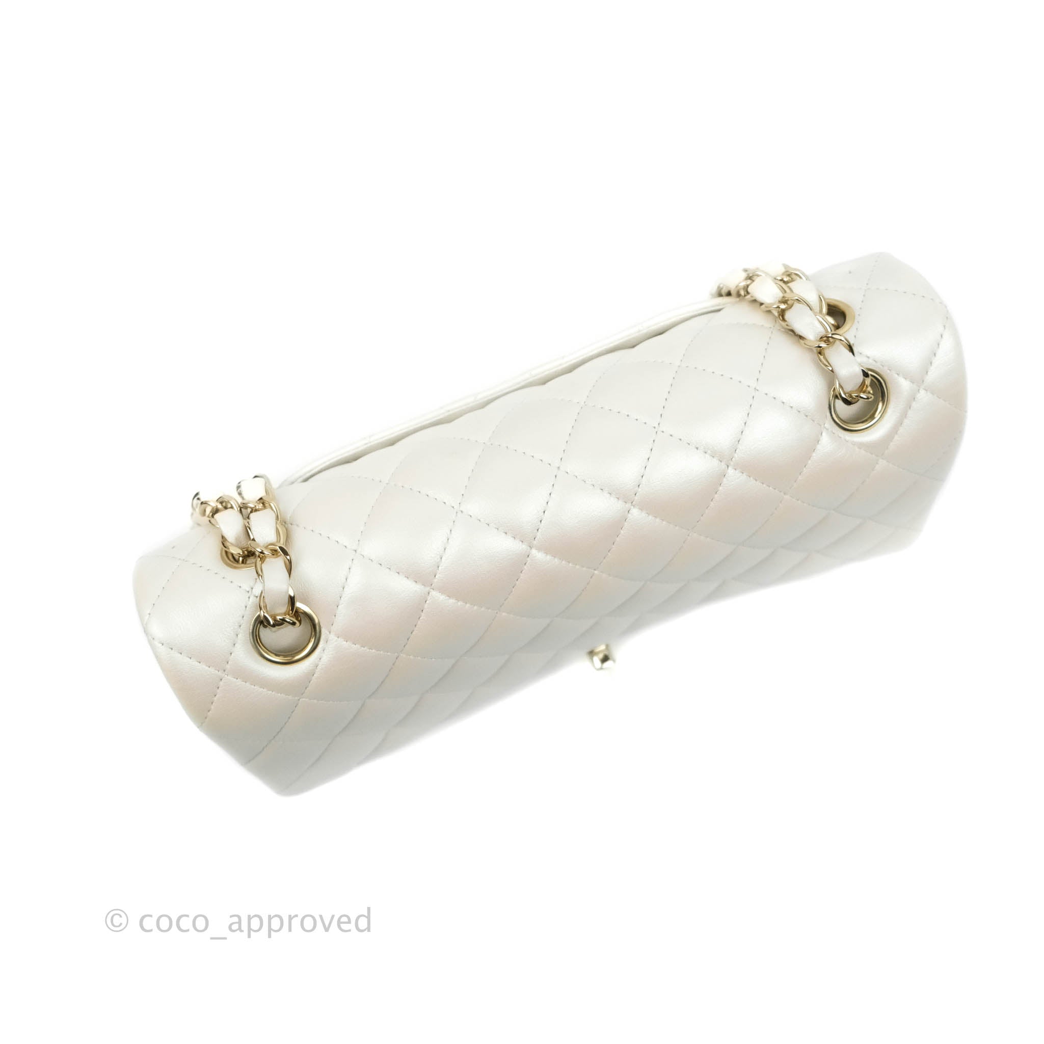 Chanel Classic M/L Medium Double Flap Bag in Iridescent White Lambskin with Gold Hardware - Luxury Shoulder Bag for Women, Perfect for Parties, Weddings & Special Occasions