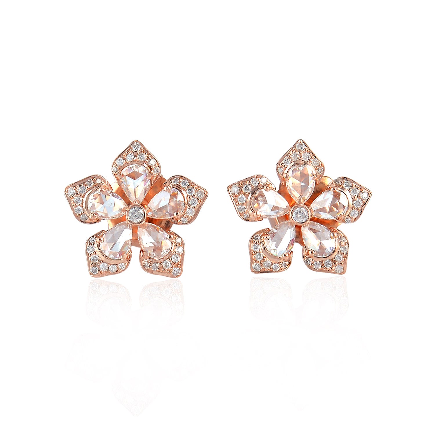 18K Rose Gold Prong Rose Cut Diamond Flower Stud Earrings - Elegant Jewelry for Women, Perfect Christmas Gift for Her, Anniversary, Birthday & Special Occasions