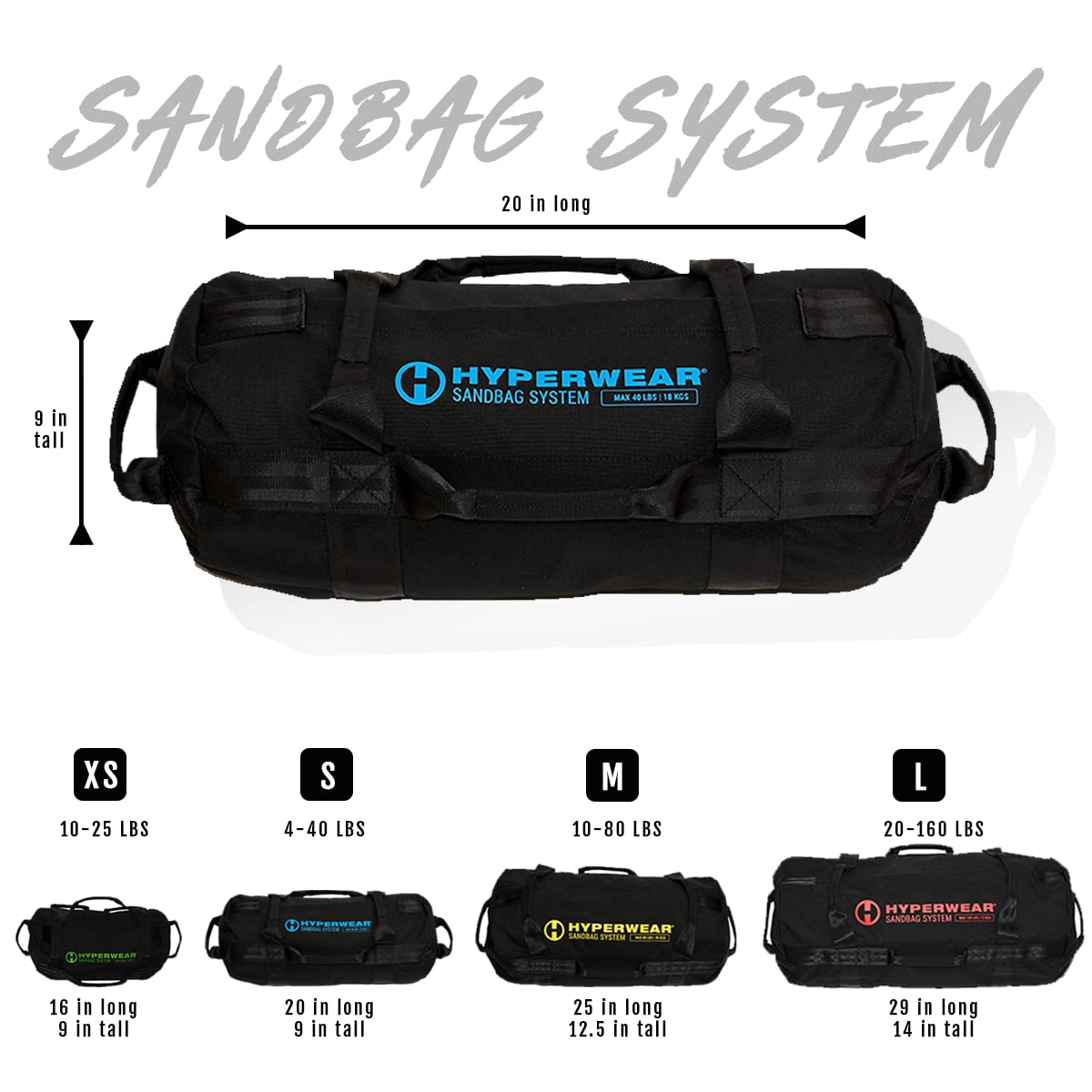 HYPERWEAR Adjustable Sandbag System - Heavy-Duty Workout Sandbags with Handles & Pre-Filled SandBell Filler (25lb, 40lb, 80lb, 160lb) for Strength Training, CrossFit, Home Gym & Outdoor Fitness