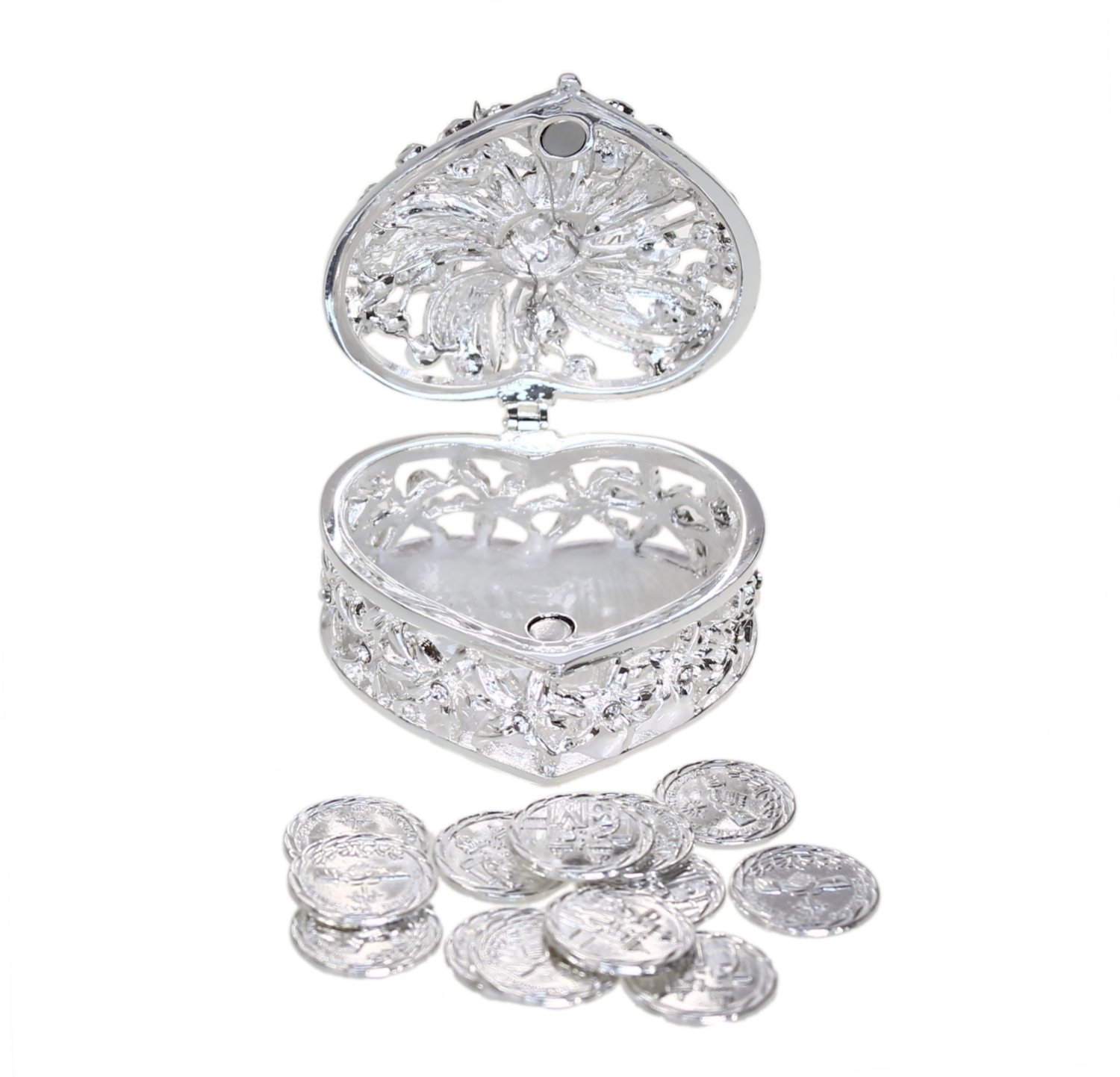 CB Accessories Wedding Unity Coins - Arras de Boda - Heart Shaped Box with Decorative Rhinestone Crystals 78 (Silver) - Perfect for Wedding Ceremonies and Anniversary Gifts