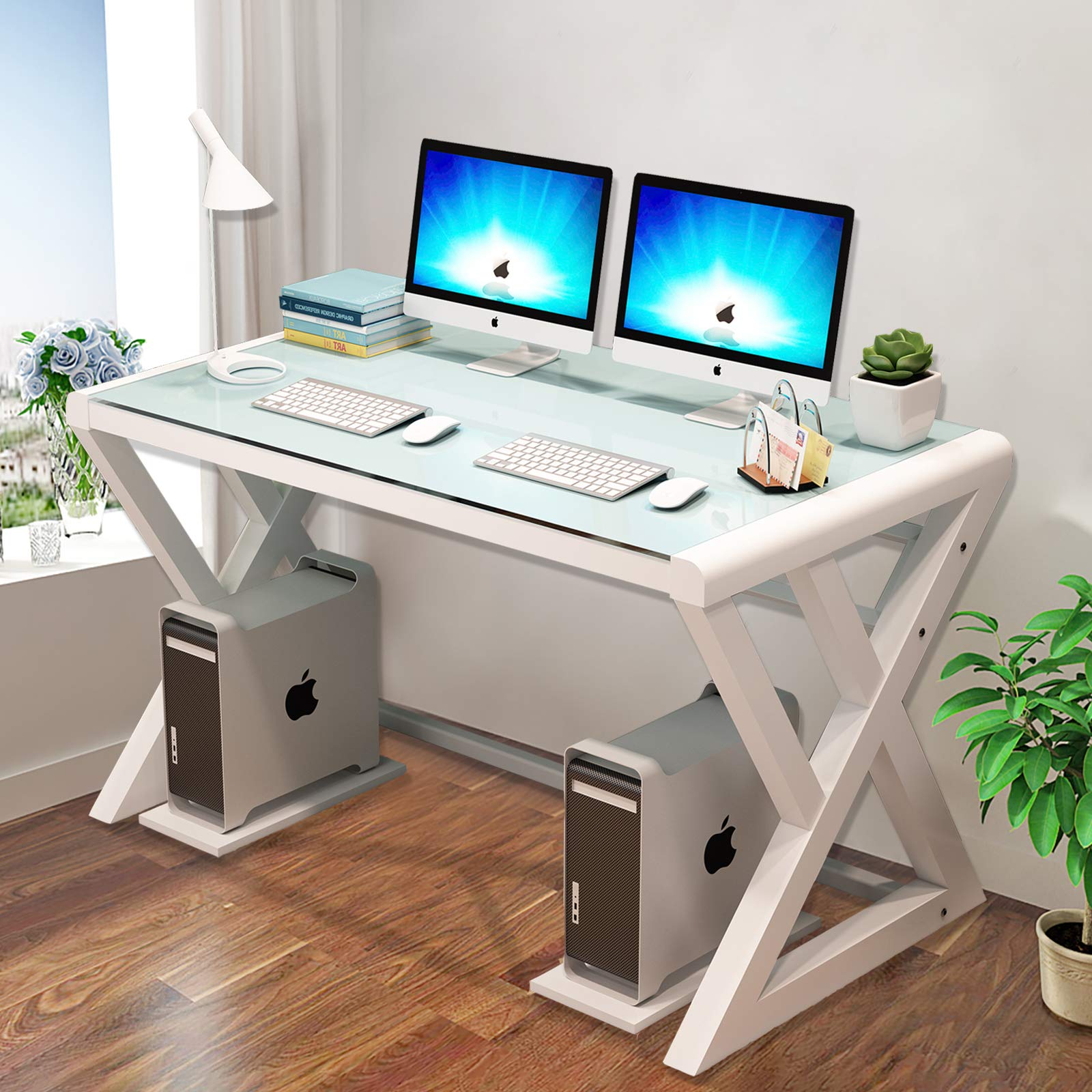 Premium Tempered Glass Computer Desk with Sturdy X-Shaped Metal Frame - Modern Home Office Desk for Writing, Gaming & Study - Ergonomic Workstation for Small Spaces (White, 55.1 Inch) - Perfect for Home Office, Gaming Setup & Dorm Room