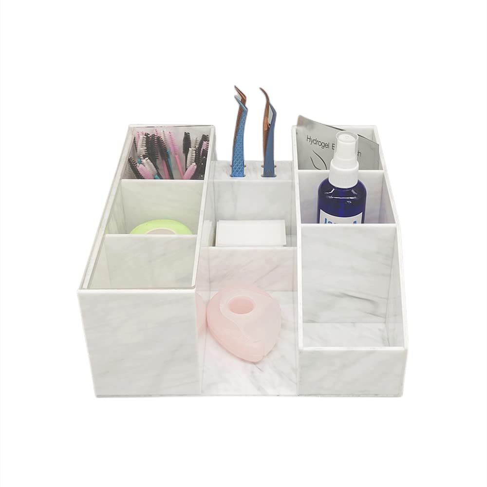 Acrylic Large Capacity Makeup Organizer - White Marble Cosmetic Storage Case for Eyelash Extensions, Brushes & Tweezers | Perfect for Salon, Home Vanity & Professional Makeup Artists