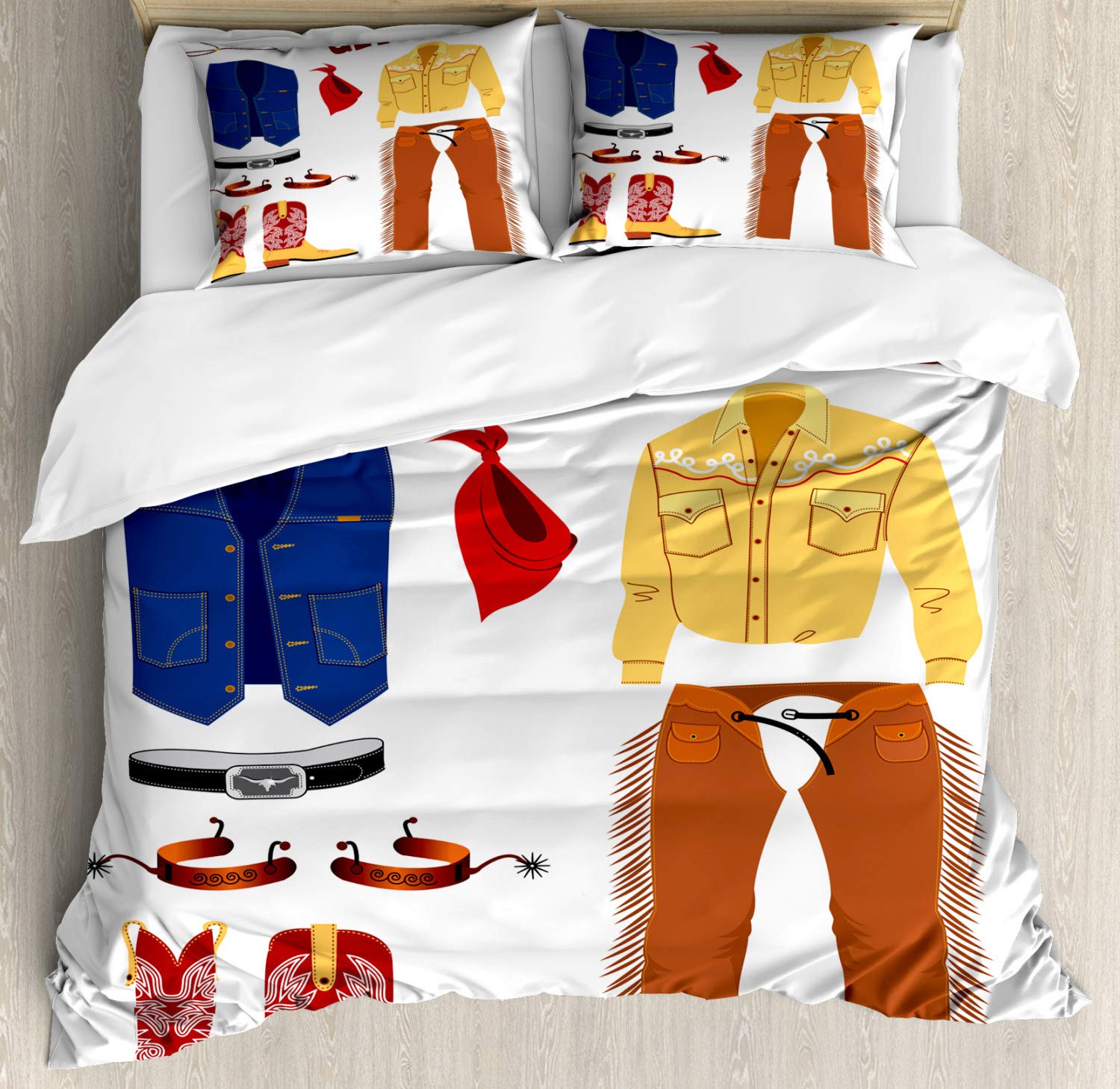 Ambesonne Cowboy Duvet Cover Set - Western Country Style Cartoon Print with Hat, Shirt & Vest | 3-Piece Queen Size Bedding Set with 2 Pillow Shams | Perfect for Ranch, Farmhouse or Western-Themed Bedrooms