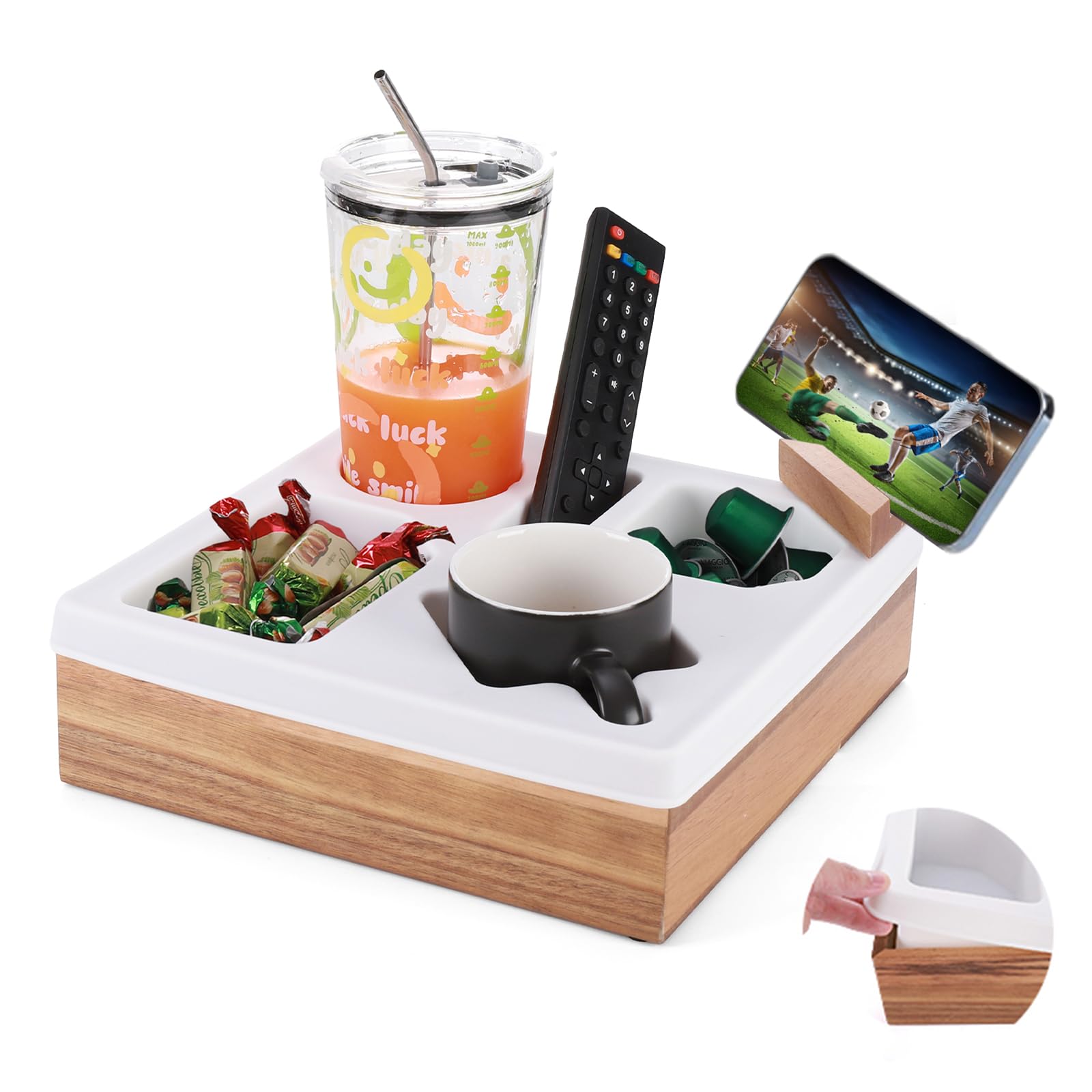 Silicone & Acacia Wood Couch Cup Holder Tray - Snack & Drink Organizer with Waterproof Cup Holder for Sofa, Remotes, and Pillows - Perfect for Movie Nights, Gaming, and Relaxing on the Couch