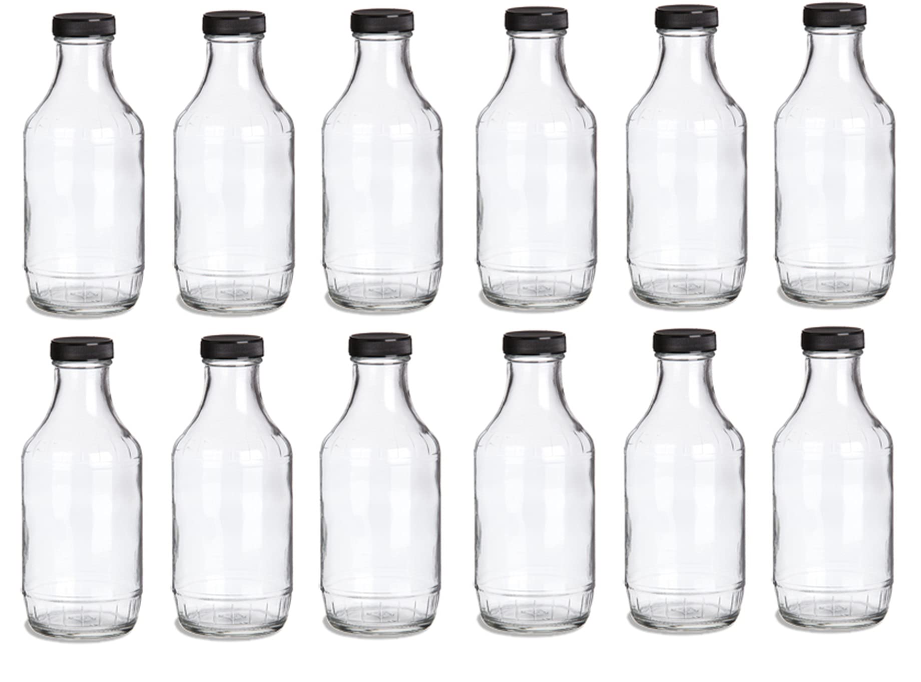 Nakpunar 12-Pack 16 oz Glass Decanter Bottles with Wide Mouth - Perfect for BBQ Sauces, Beverages, Salad Dressings & Liquor Storage - Airtight Kitchen & Bar Accessories (Black)