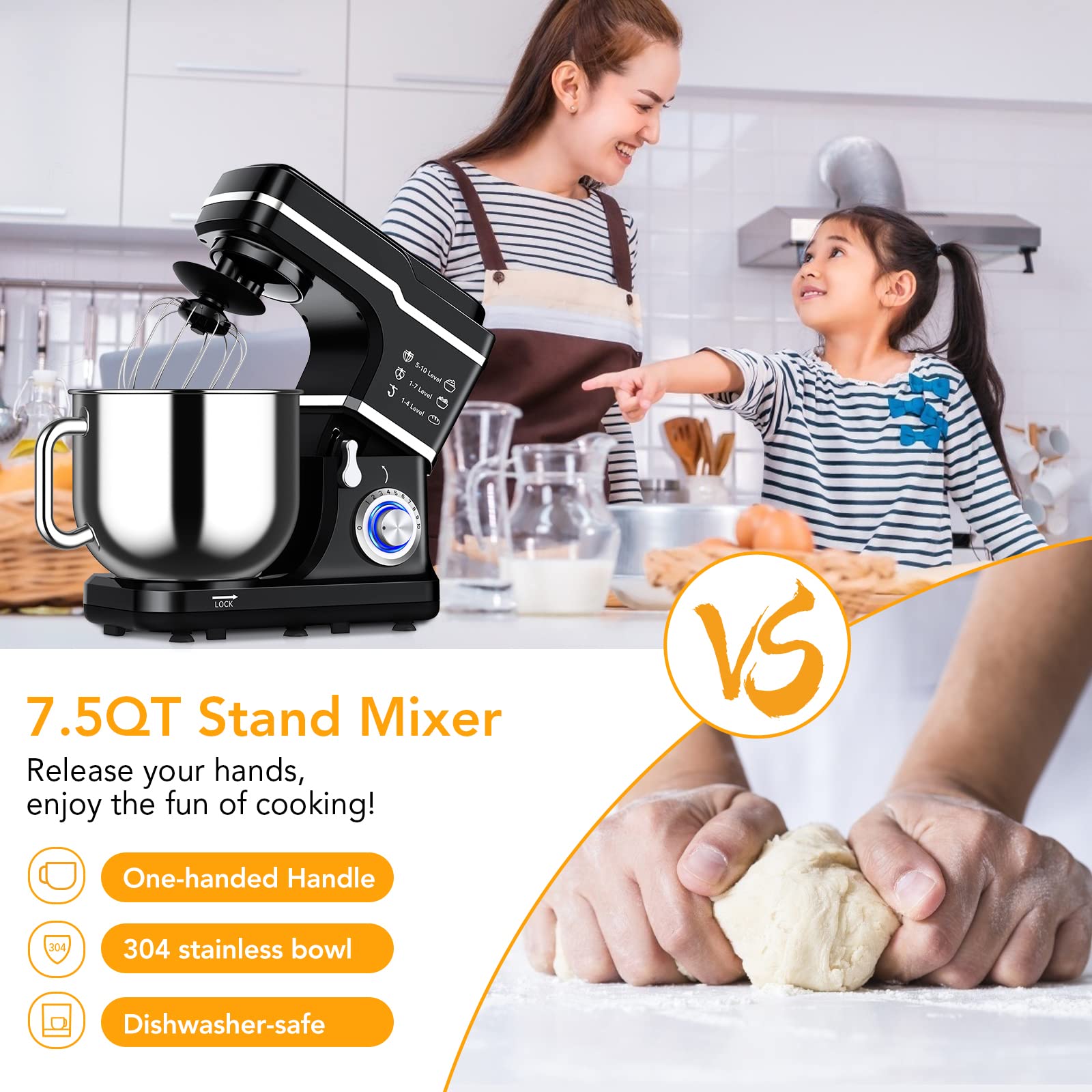 7.5QT Professional Stand Mixer - 10-Speed Tilt-Head Electric Kitchen Mixer with Stainless Steel Bowl, Dough Hook, Whisk & Beater - 300W Powerful Motor for Baking Cakes, Cookies & Bread (Black, Model MC1) - Perfect for Home Bakers & Professional Kitchens