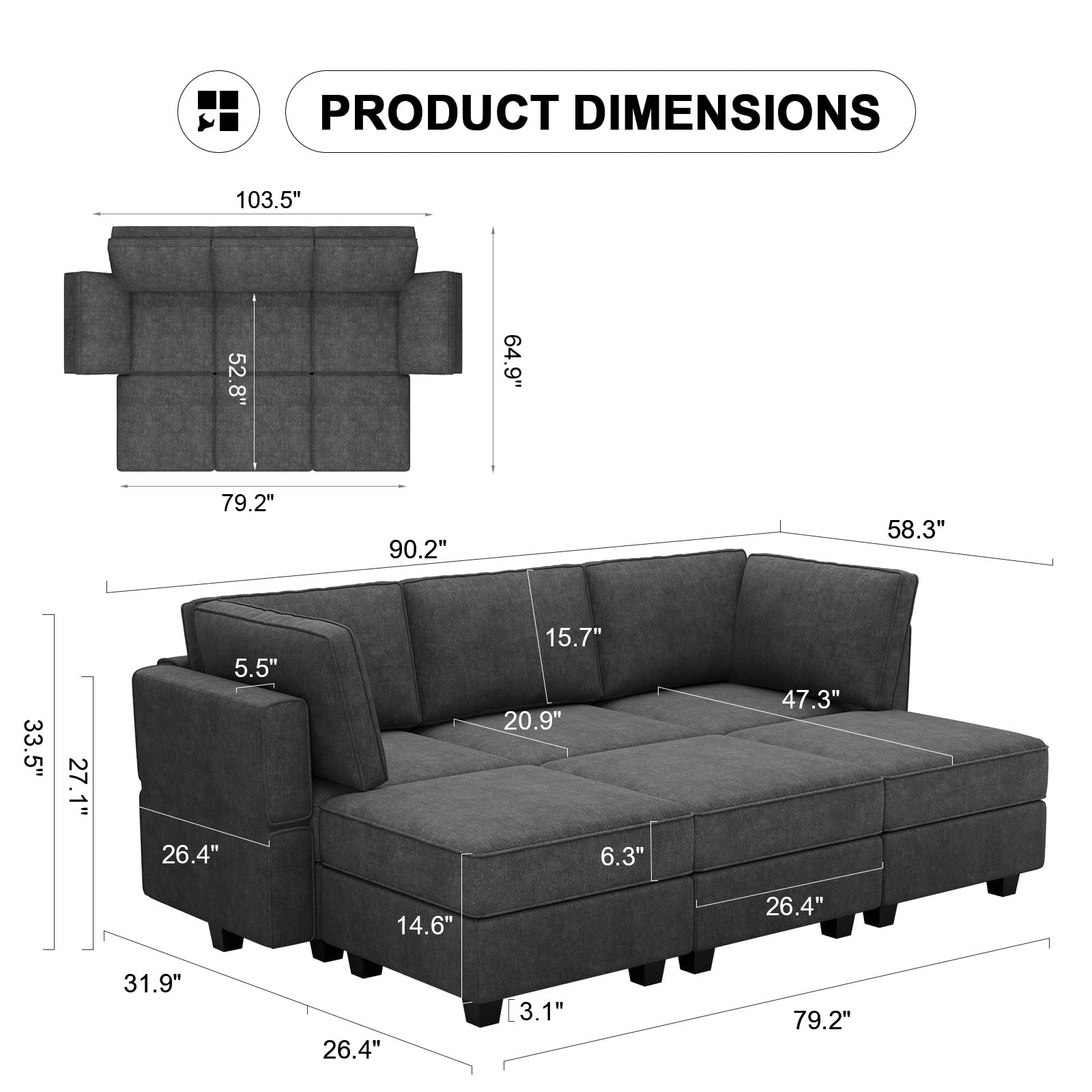 Belffin Modular Sofa Bed - Convertible Sectional Sleeper Sofa Set with Storage, Black - Perfect for Small Apartments, Guest Rooms & Home Offices