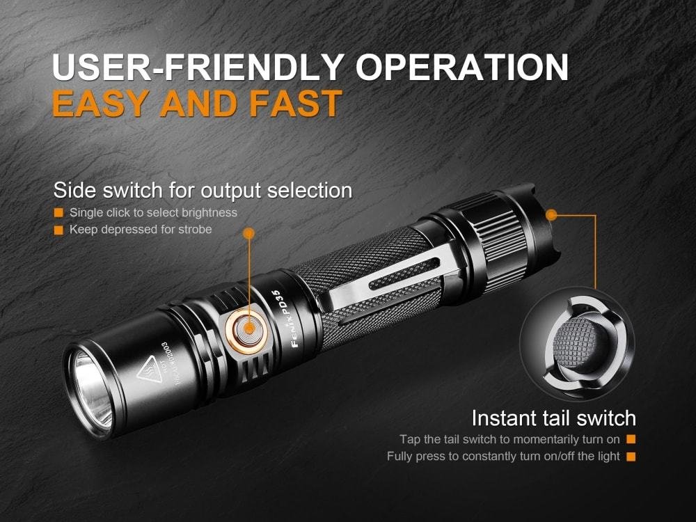 Fenix PD35 V2.0 1000 Lumen Tactical Flashlight with 2 Rechargeable Batteries, X2 Charger & CR123A Batteries - Perfect for Camping, Hiking, Emergency & Outdoor Adventures
