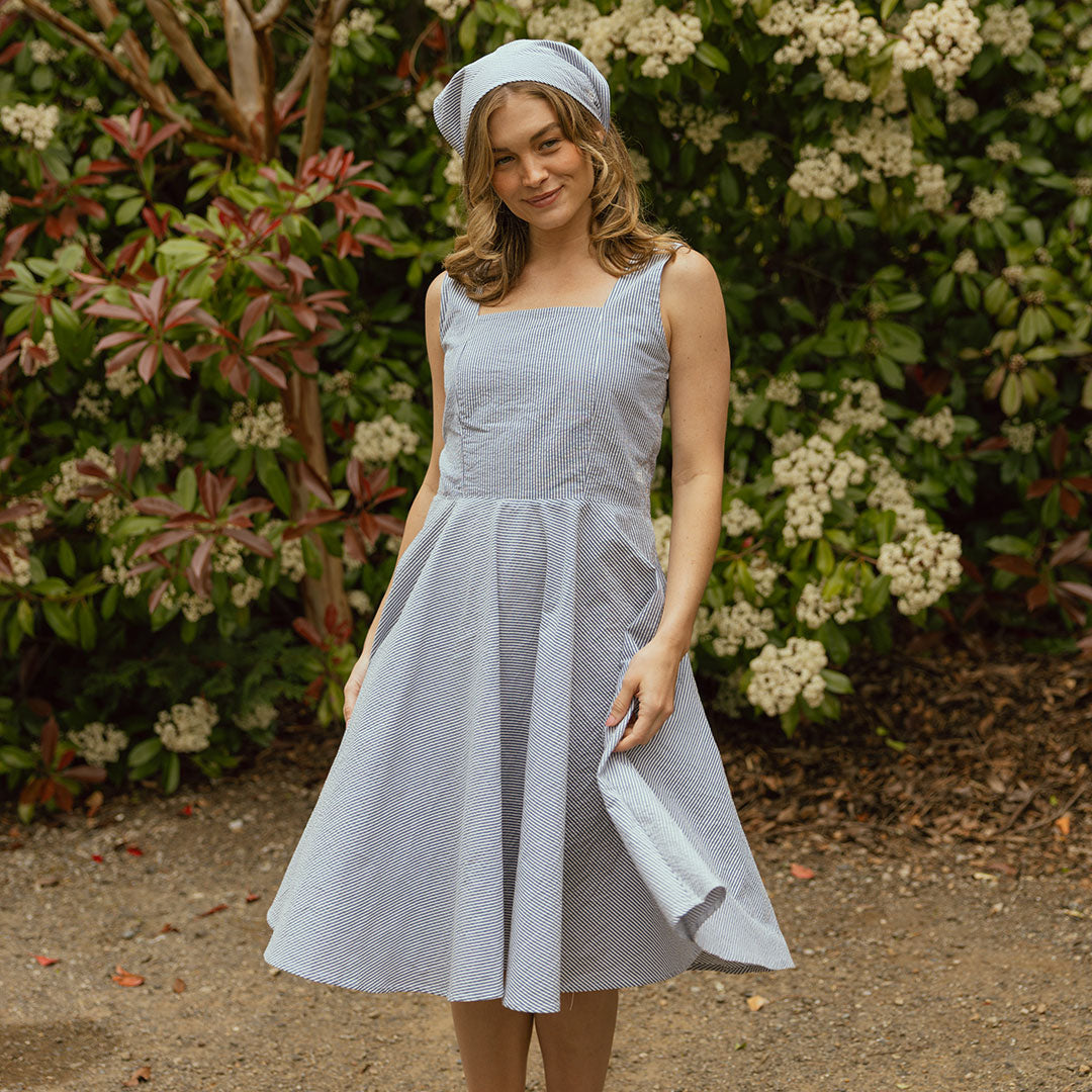 Sonata Dress for Women - Navy Blue Seersucker Summer Dress, Breathable & Comfortable - Perfect for Beach Vacations, Brunch Dates & Casual Outings