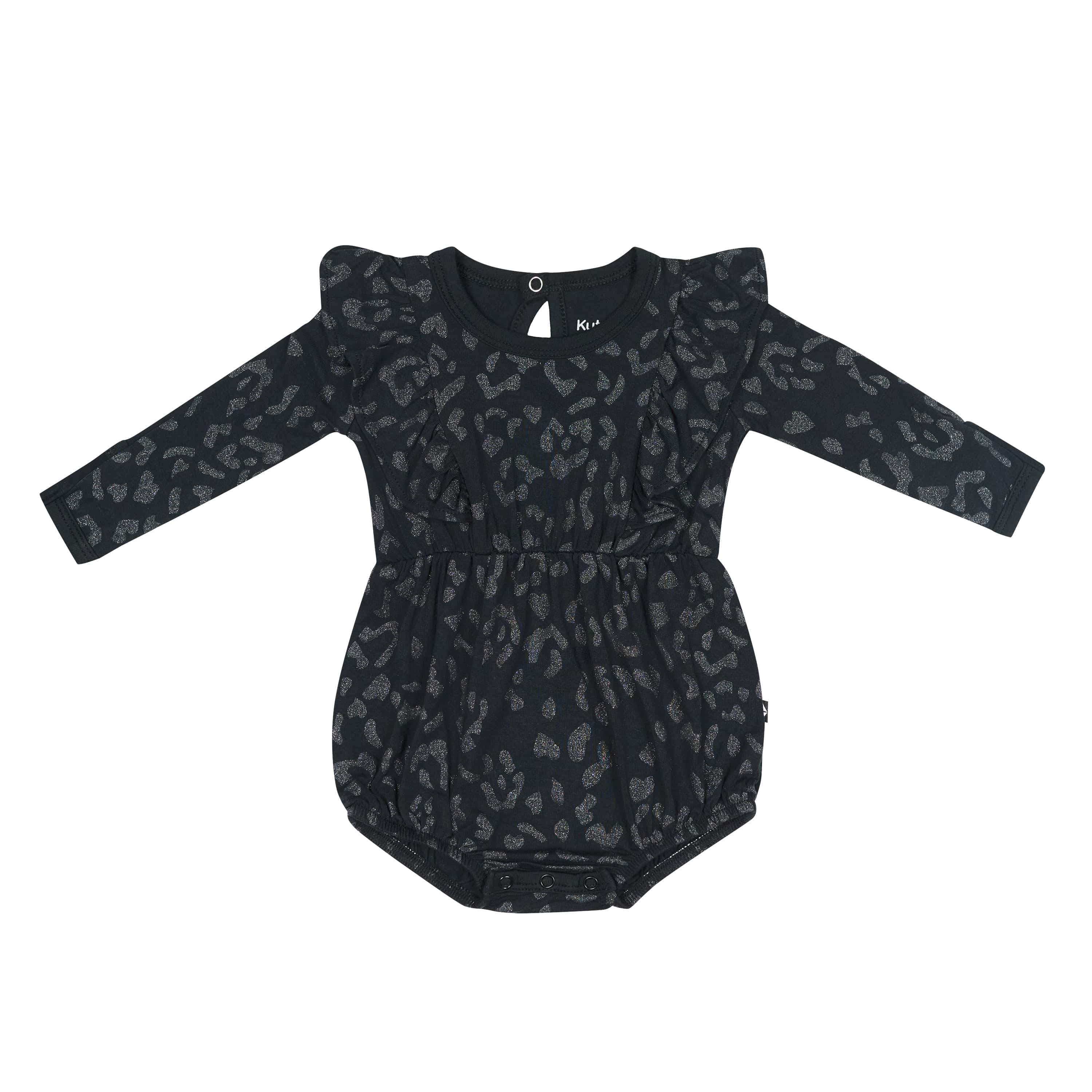 Midnight Leopard Long Sleeve Bubble Romper for Baby Girls | Soft & Comfortable Jumpsuit | Perfect for Playdates, Photo Shoots & Holiday Outfits