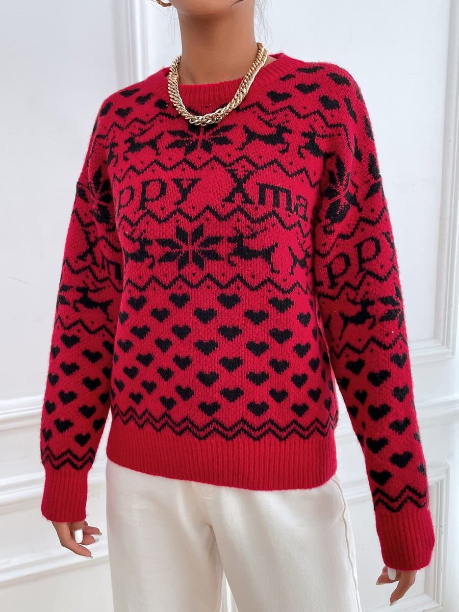 TINMIIR Women's Christmas Deer & Heart Pattern Drop Shoulder Sweater - Multicolor, Size S | Cozy Holiday Pullover for Winter, Christmas Party & Casual Outfits