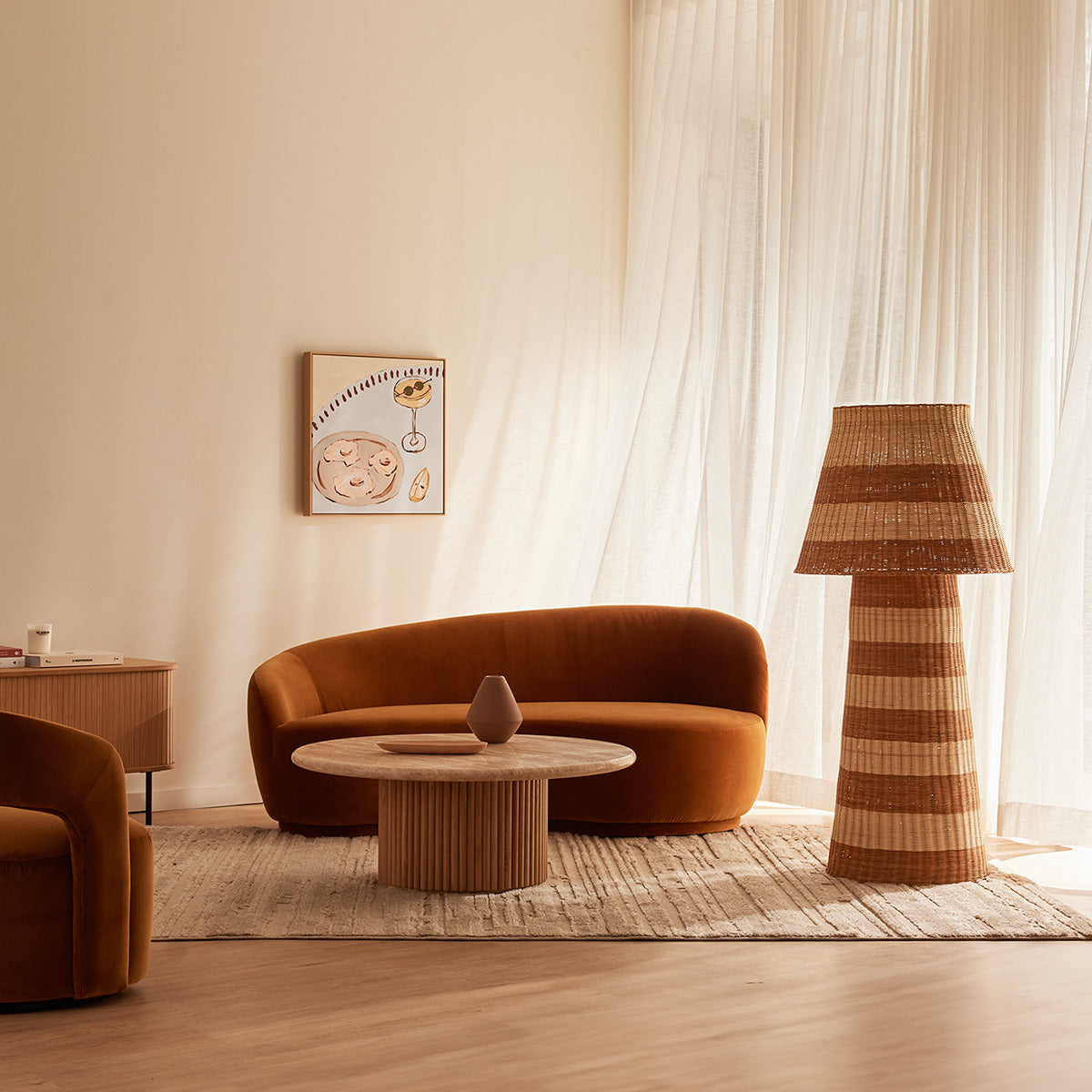 Modern Oak & Travertine Coffee Table - 100cm Round Mid-Century Style Living Room Centerpiece for Home Decor & Entertaining