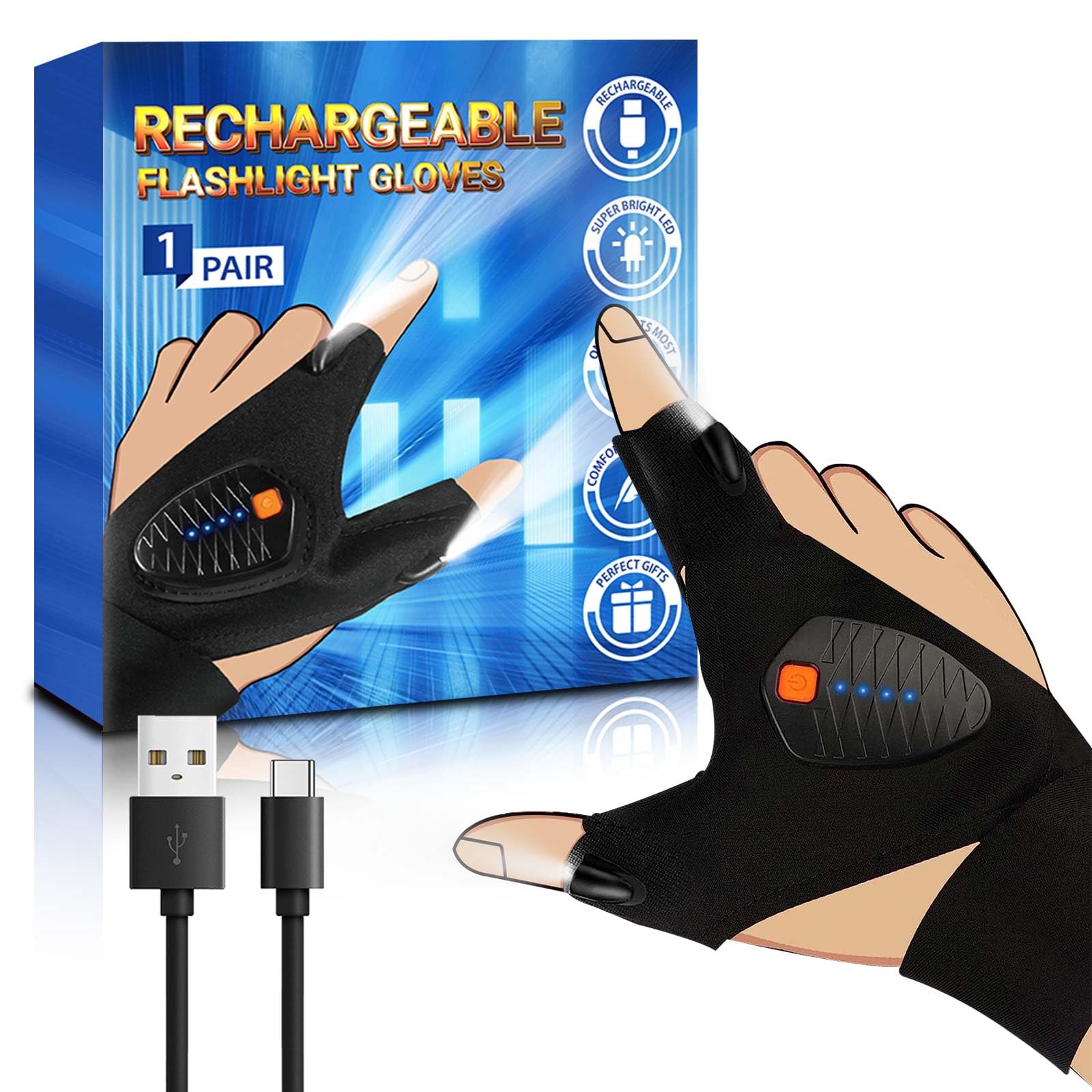 Rechargeable LED Flashlight Gloves for Men - Waterproof Work Gloves with Battery Indicator - Perfect Gift for Dad, Boyfriend, Father's Day - Ideal for Repairing, Fishing, Camping, Night Work & Outdoor Activities