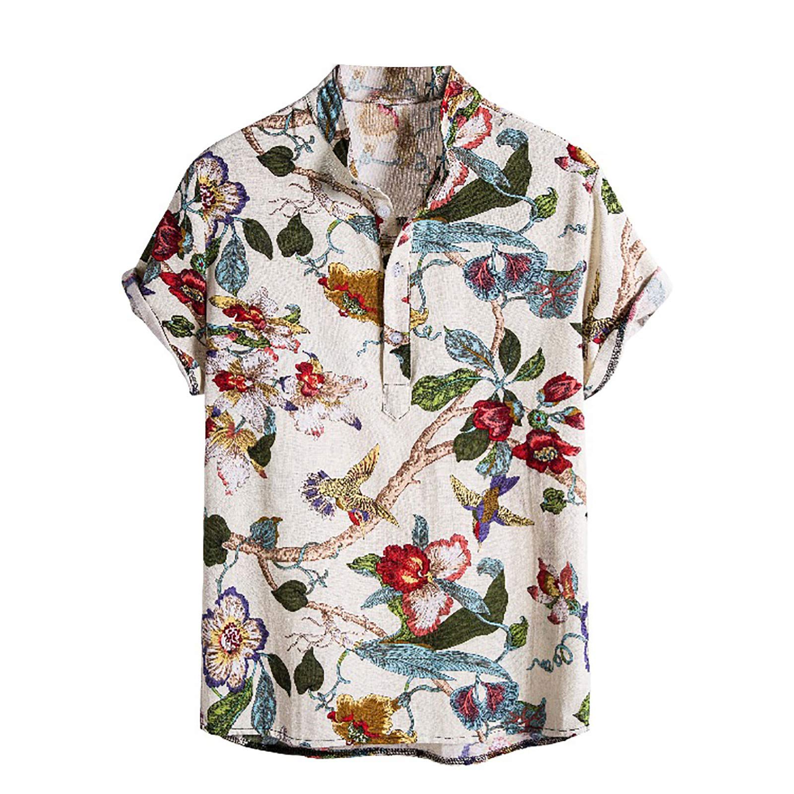 Men's Hawaiian Turtleneck Floral Short Sleeve Beach Shirt - Lightweight Cardigan for Tropical Vacations, Summer Parties & Casual Outings