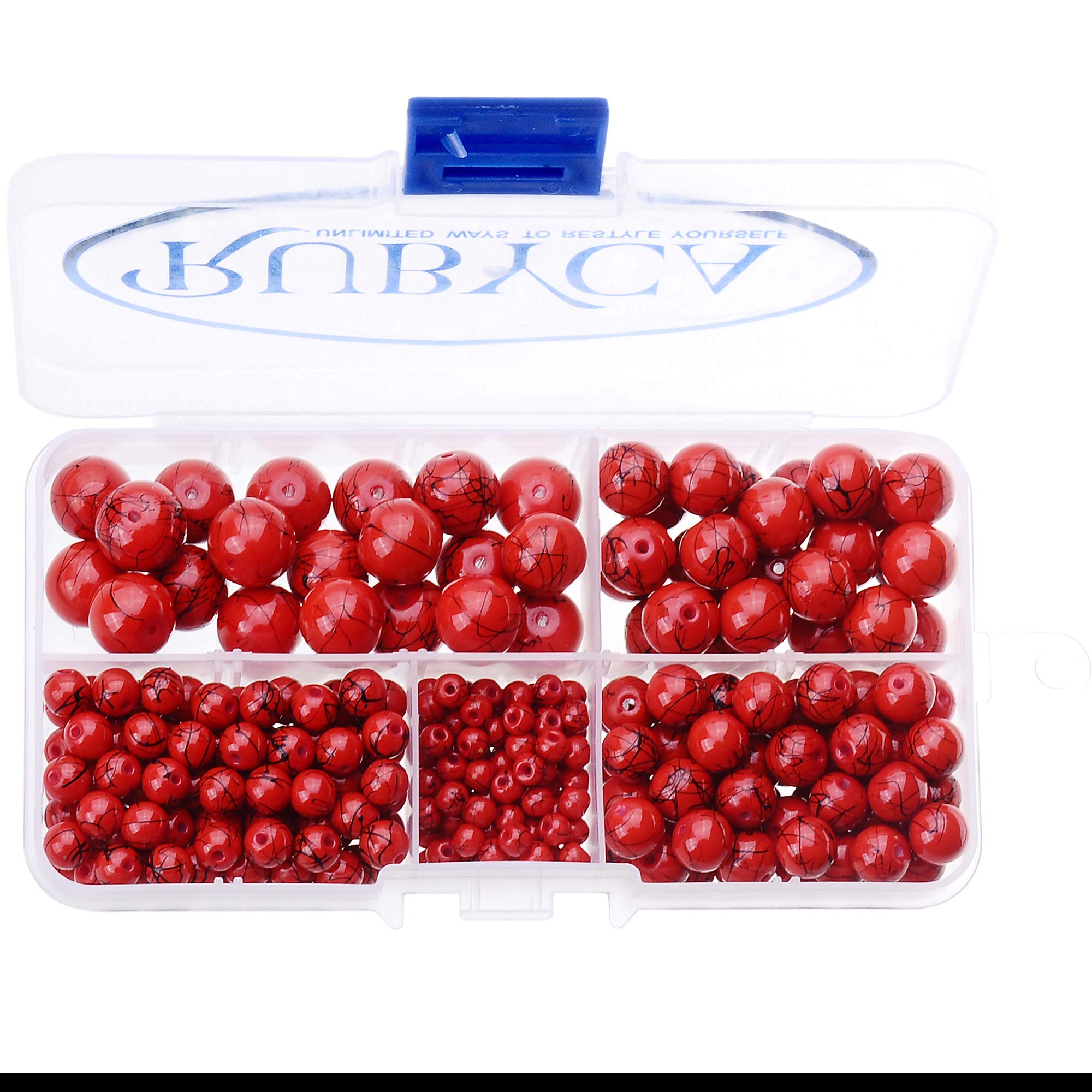 300pcs Mixed Size Glass Beads for DIY Jewelry Making - Opaque Red & Black Paint Splatter Design - Perfect for Bracelets, Necklaces, Earrings & Craft Projects