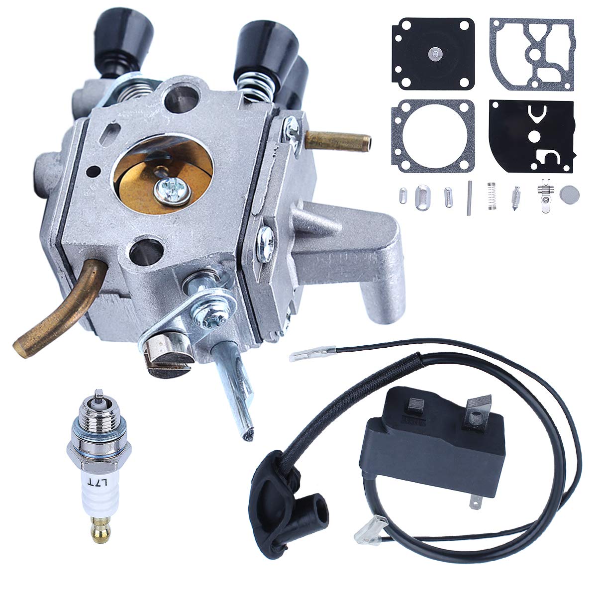 STIHL FS120 FS200 FS250 FS300 FS350 Trimmer Ignition Coil & Carburetor Repair Kit with Spark Plug - Replacement Parts 41341200653 41344001301 - Perfect for Lawn Care, Landscaping & Garden Maintenance