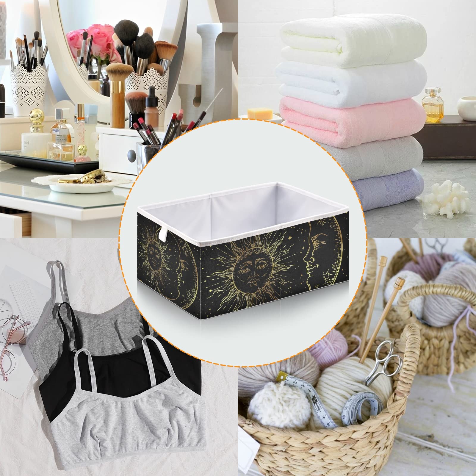Poeticcity Golden Sun Crescent Moon Gold Stars Black Galaxy Rectangular Storage Basket - Collapsible Foldable Organizer for Toys, Clothes, Nursery - Easy to Assemble | Perfect for Home Organization, Kids Room Decor & Gift Giving