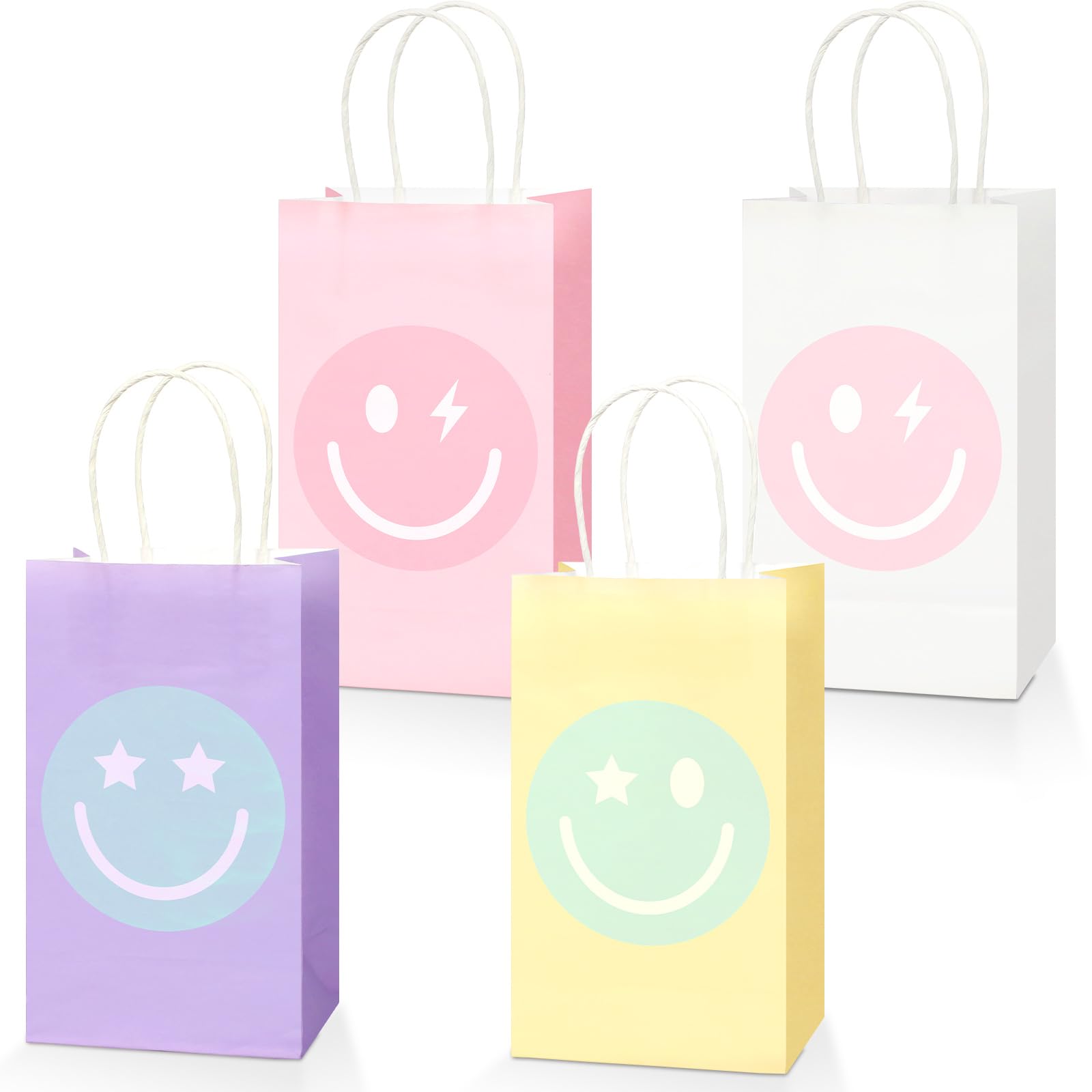 16PCS Smile Face Gift Paper Bags - Pastel Rainbow Kraft Party Favor Bags for Candy, Goodies & Decor | Perfect for Bachelorette Parties, Birthday Celebrations, Baby Showers & Preppy Themed Events