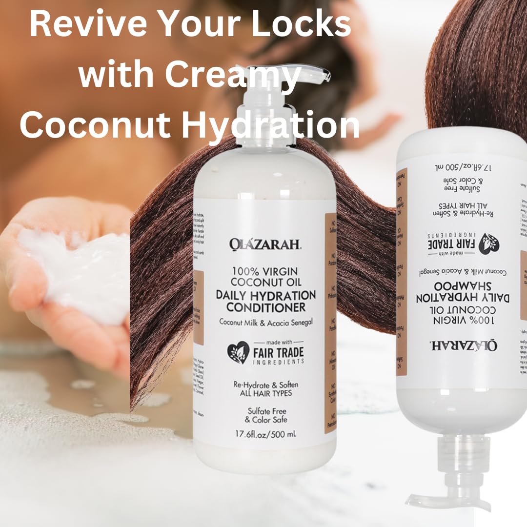 Organic Coconut Daily Hydration Shampoo & Conditioner Set - 17 fl oz Each - Sulfate Free, Paraben Free for Dry, Damaged Hair - Natural Hair Care with Coconut Oil - Perfect for Daily Use & Salon Quality Results at Home
