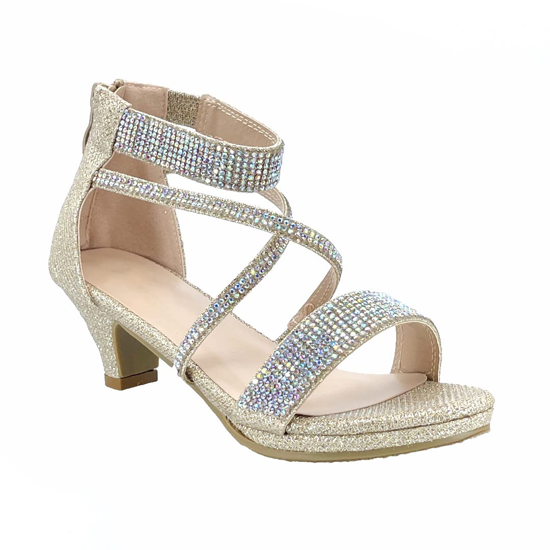 ABSOLEX Girls' Dressy Rhinestone Cross-Strap Open-Toe Low Heel Sandals - Toddler/Little Kid/Big Kid Sizes - Perfect for Weddings, Parties & Special Occasions