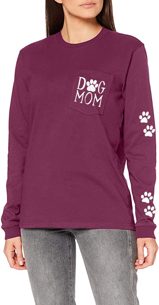 Dog Mom Pullover - Cute Dog Lover Graphic Tee with Paw Print Design & Patch Pocket | Women's Casual Long Sleeve Shirt for Dog Owners | Perfect for Pet Lovers, Dog Walks & Cozy Outfits