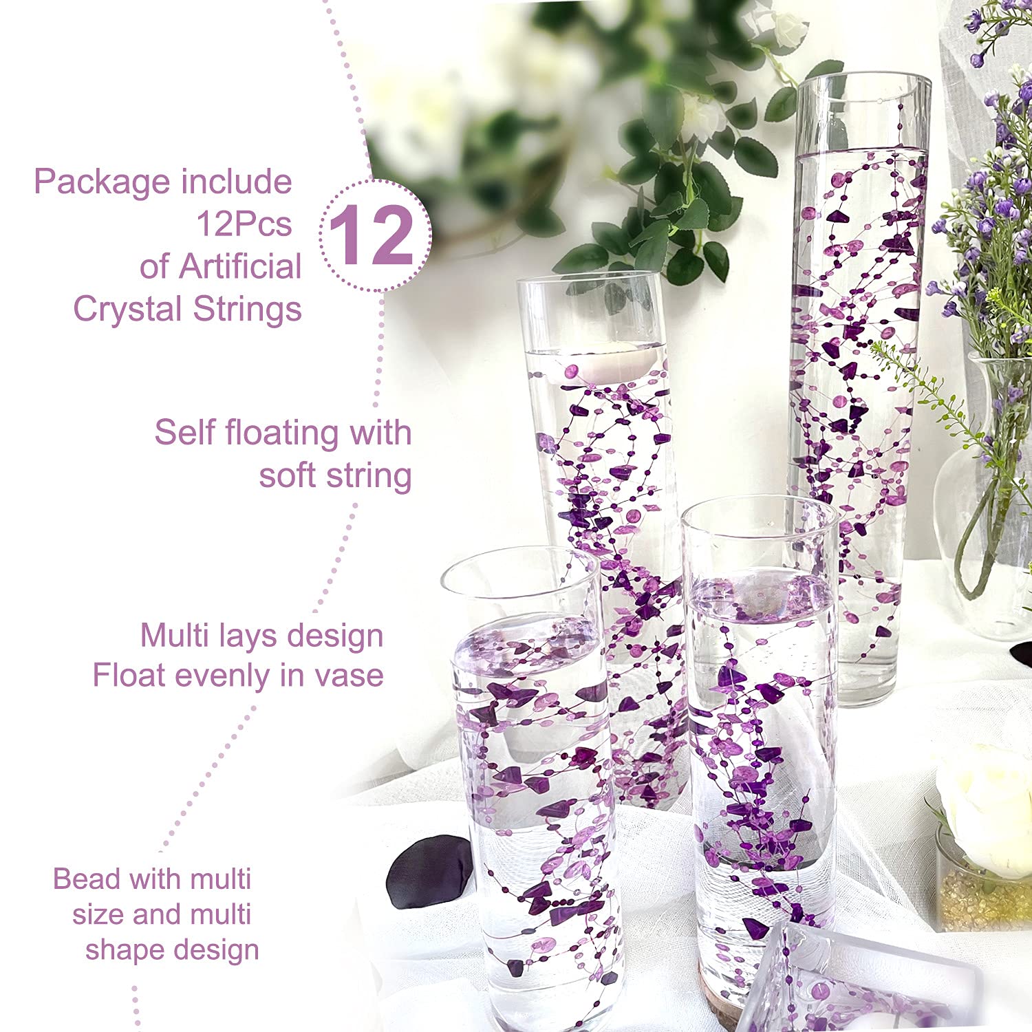 12pcs Purple Crystal String Beads - Elegant Floating Candle Centerpiece Decor, Crystal Bead Filler for Wedding, Birthday Party, Table Decorations | Perfect for DIY Home Decor, Vase Fillers, and Event Centerpieces