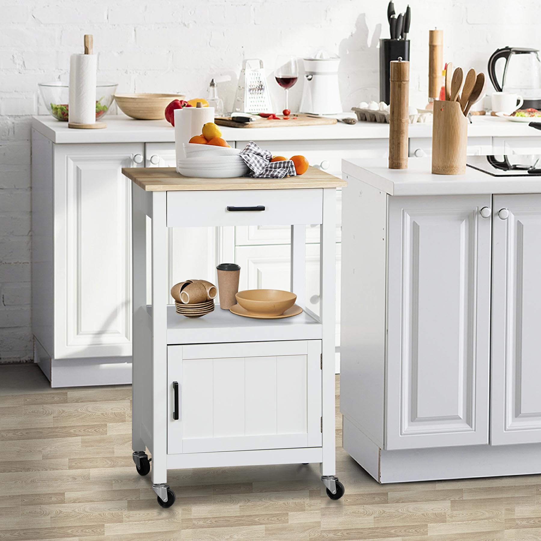 Nova White Mobile Kitchen Island Cart with Wheels - Single Door Cabinet, Rolling Coffee & Microwave Serving Cart for Dining Room - Perfect for Small Spaces, Entertaining & Kitchen Storage