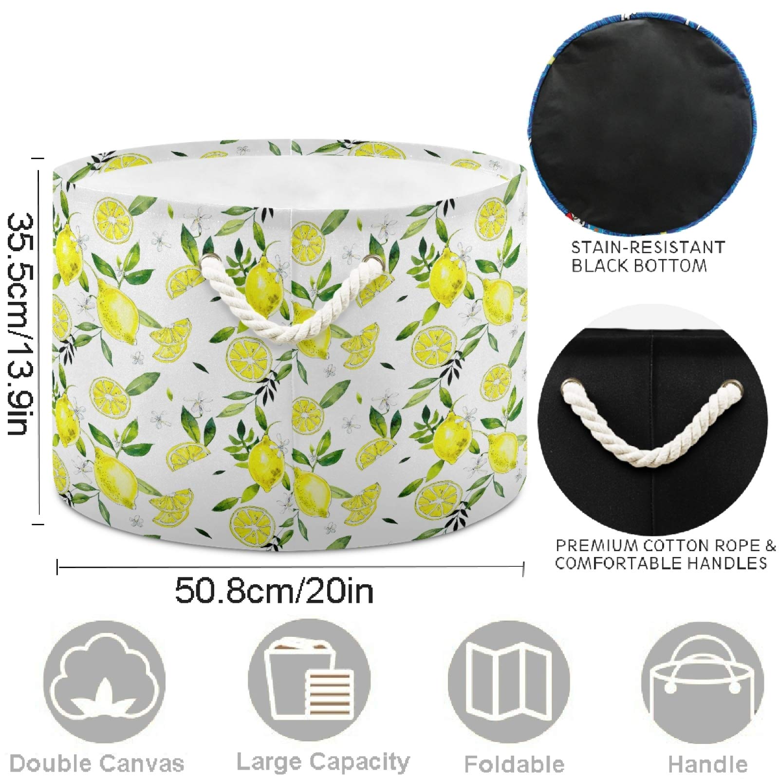 Visesunny Cute Yellow Lemon Floral Collapsible Laundry Basket - Fabric Storage Bin for Clothes, Toys & Organizing - Perfect for Bathroom, Bedroom, Nursery, Closet & Office - Durable & Space-Saving Storage Solution