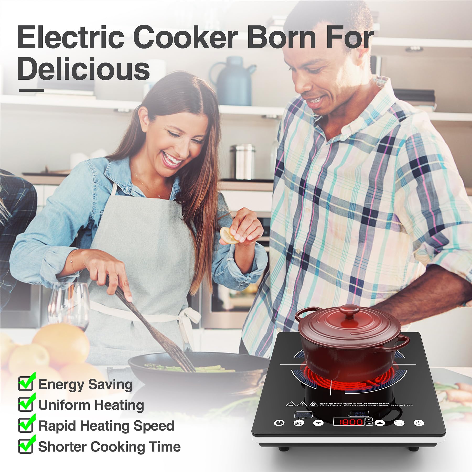 VBGK 1800W Portable Induction Cooktop - 110V Electric Stove Top with LED Touch Control, 9 Power Levels, Child Lock & Timer, Overheat Protection - Perfect for Dorms, Apartments, RVs & Small Kitchen Cooking