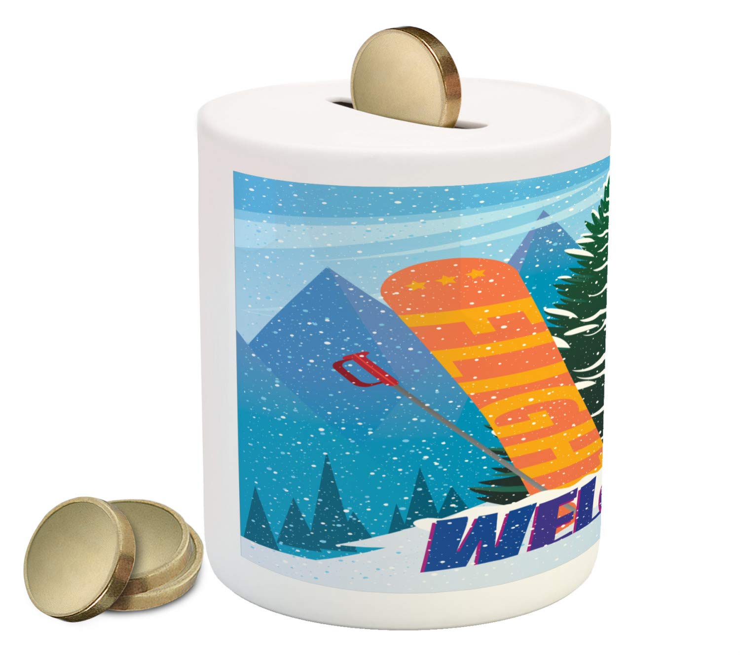 Lunarable Ceramic Piggy Bank - Snowboard Design with Ski Equipment & Pine Tree, 3.6