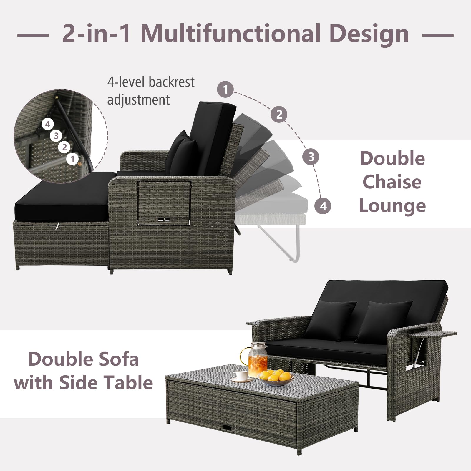 Tangkula Outdoor Patio Rattan Daybed Set with Adjustable Backrest - Wicker Loveseat Sofa, Ottoman & Side Tray - Includes Storage Footstool & Cushions - Perfect for Backyard, Garden, Poolside Relaxation