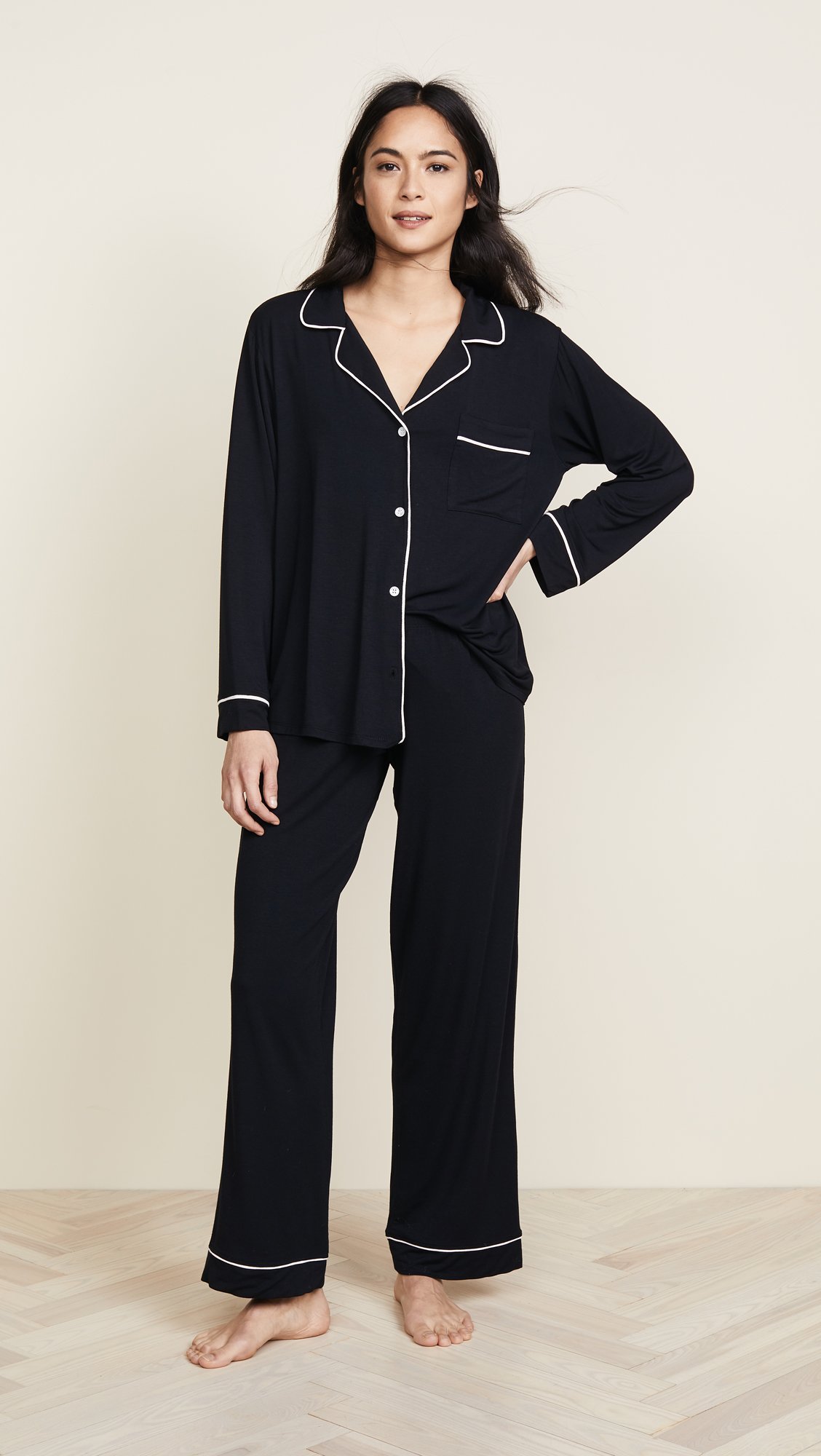 Eberjey Women's Gisele Long Sleeve Pajama Set - 2-Piece Sleepwear with Pants, Black & Sorbet Pink, Size Small | Cozy & Soft PJs for Relaxing at Home, Lounging or Gift Giving