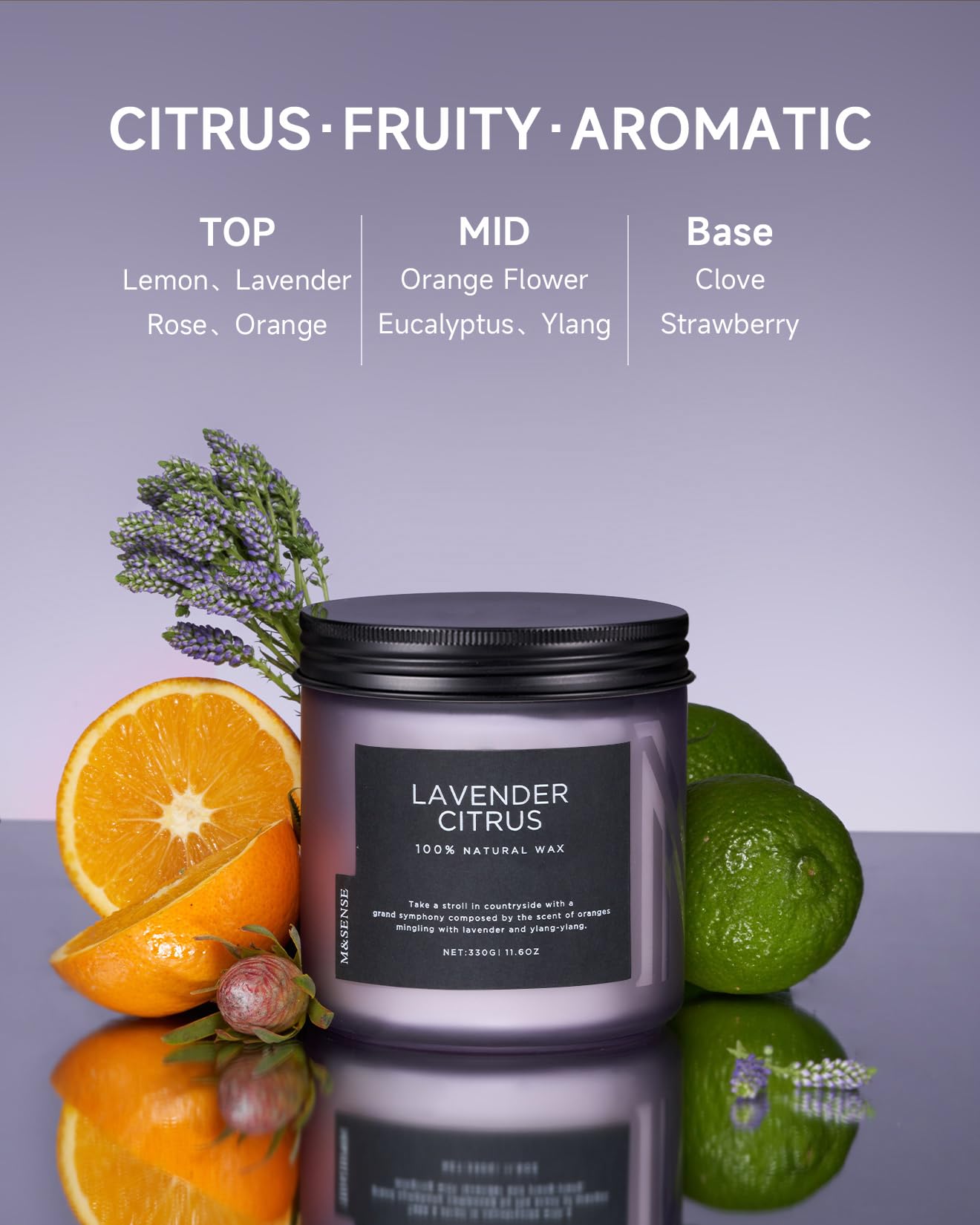 M&SENSE 11.6oz Lavender Citrus Scented Soy Candles - Aromatherapy Stress Relief Gifts for Women, 70 Hours Burn Time, Natural Home Fragrance for Spa, Bath, Yoga & Relaxation - Perfect Gift for Mom, Girlfriend or Teacher