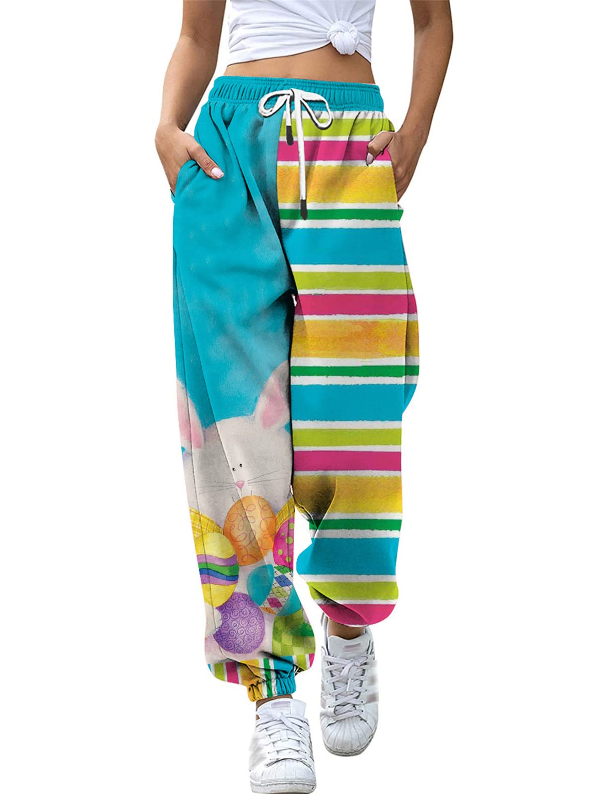 Women's High Waist Patchwork Jogger Pants with Pockets - Trendy Baggy Sweatpants for Yoga, Running & Lounge Wear - Casual Athletic Trousers for Festival & Everyday Comfort